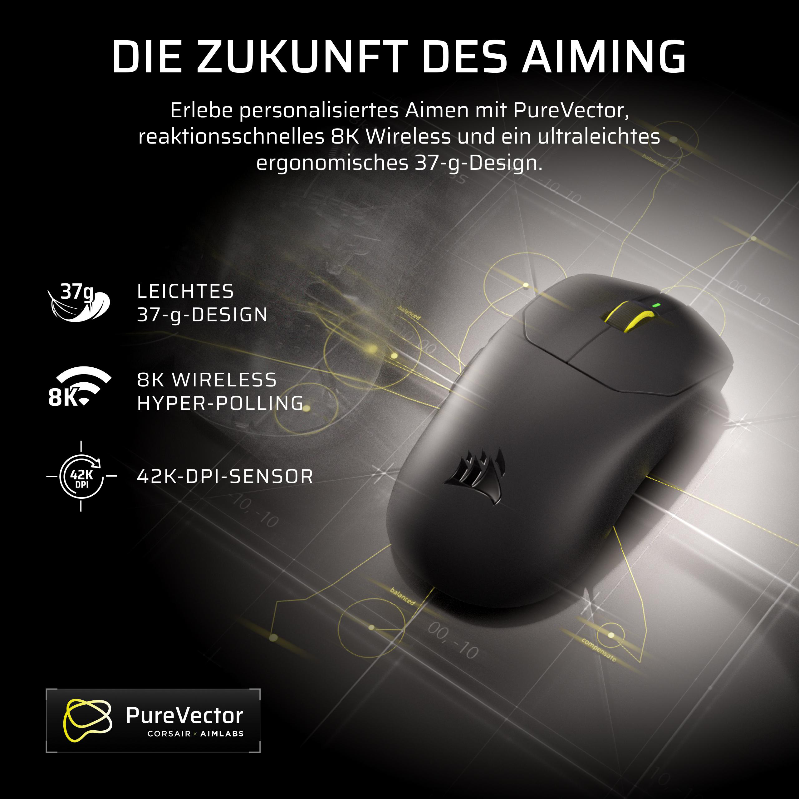 Schwarze Corsair Gaming-Maus mit 37g Design auf einem technischen Gitter-Hintergrund mit gelben Akzenten.