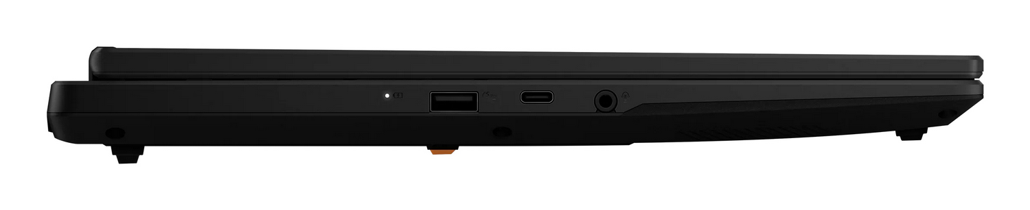 Vista lateral de un portátil negro con puertos USB, puerto USB-C y conector para auriculares sobre fondo blanco.