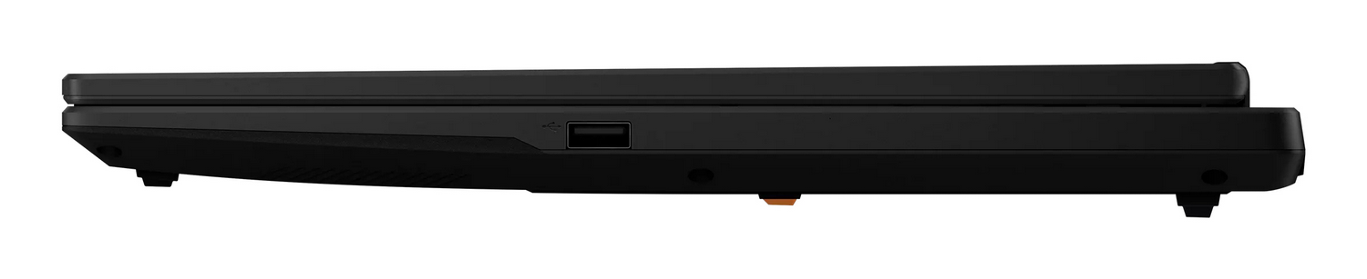 Vista de perfil lateral de un ordenador portátil negro cerrado que muestra un puerto USB.