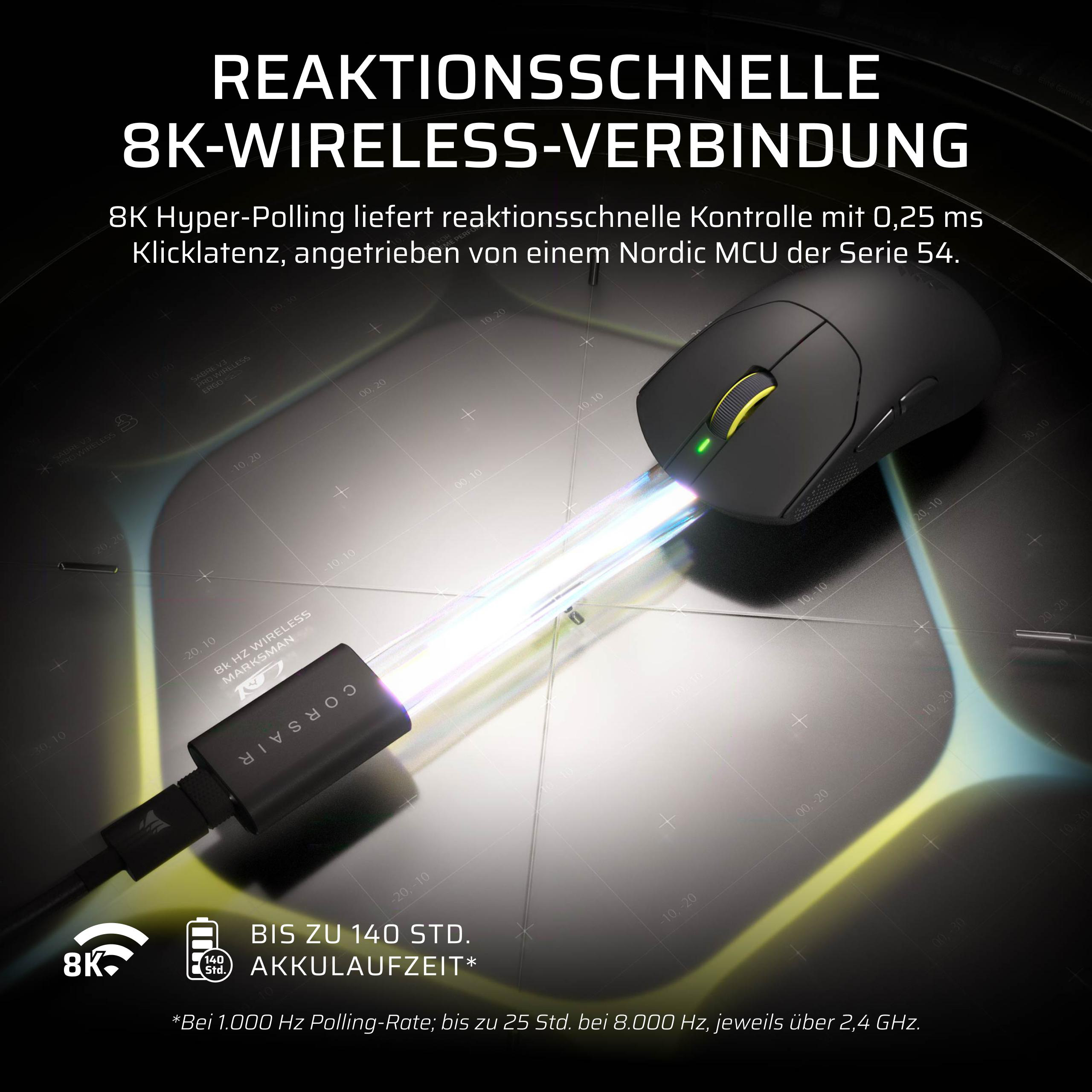 Schwarze kabellose Gaming-Maus mit leuchtendem Kabel, Text in deutscher Sprache.