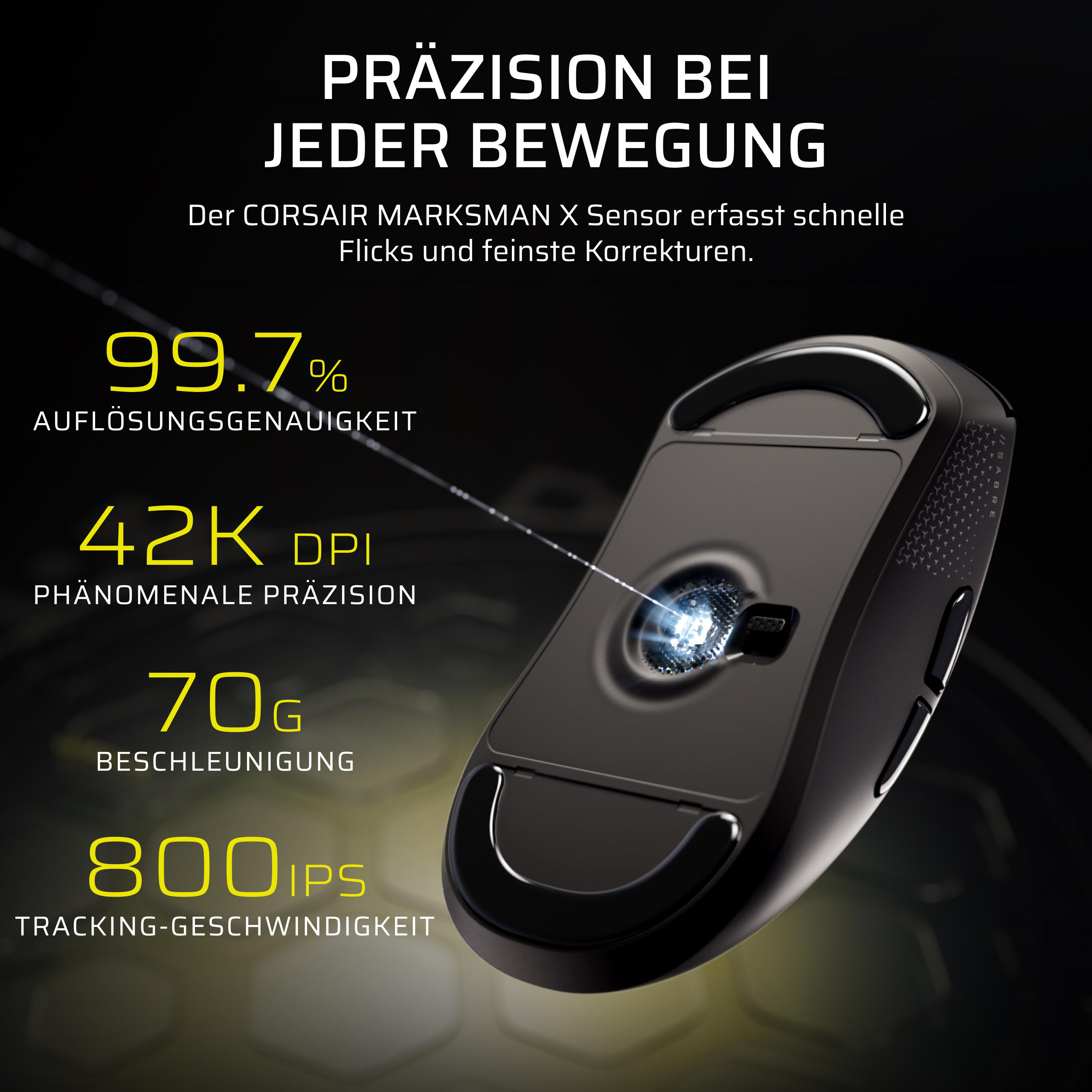 Unterseite einer schwarzen Gaming-Maus mit Sensor und technischen Daten in Gelb.