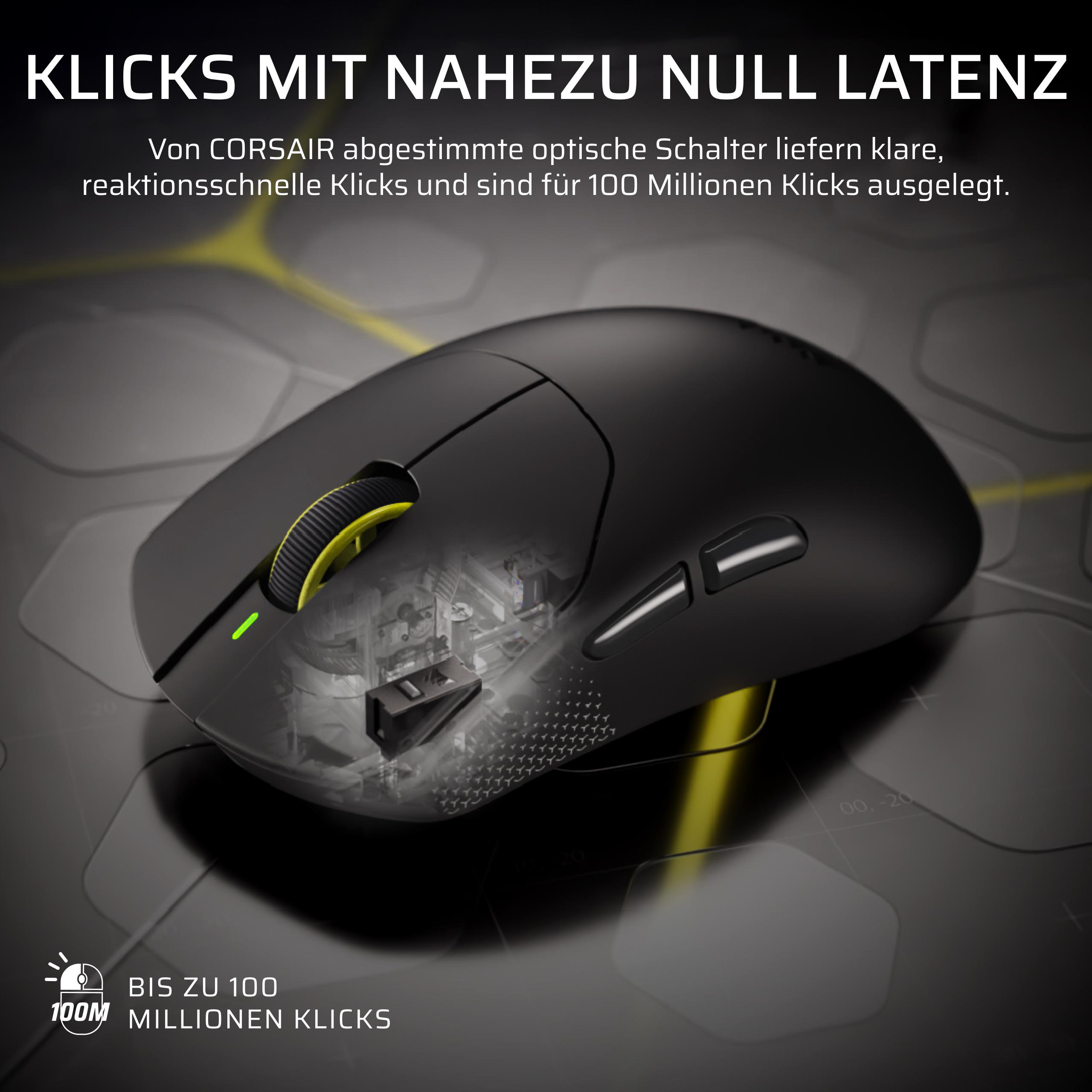 Schwarze Corsair Gaming-Maus mit sichtbarer innerer Mechanik, gelbem Scrollrad und Text.