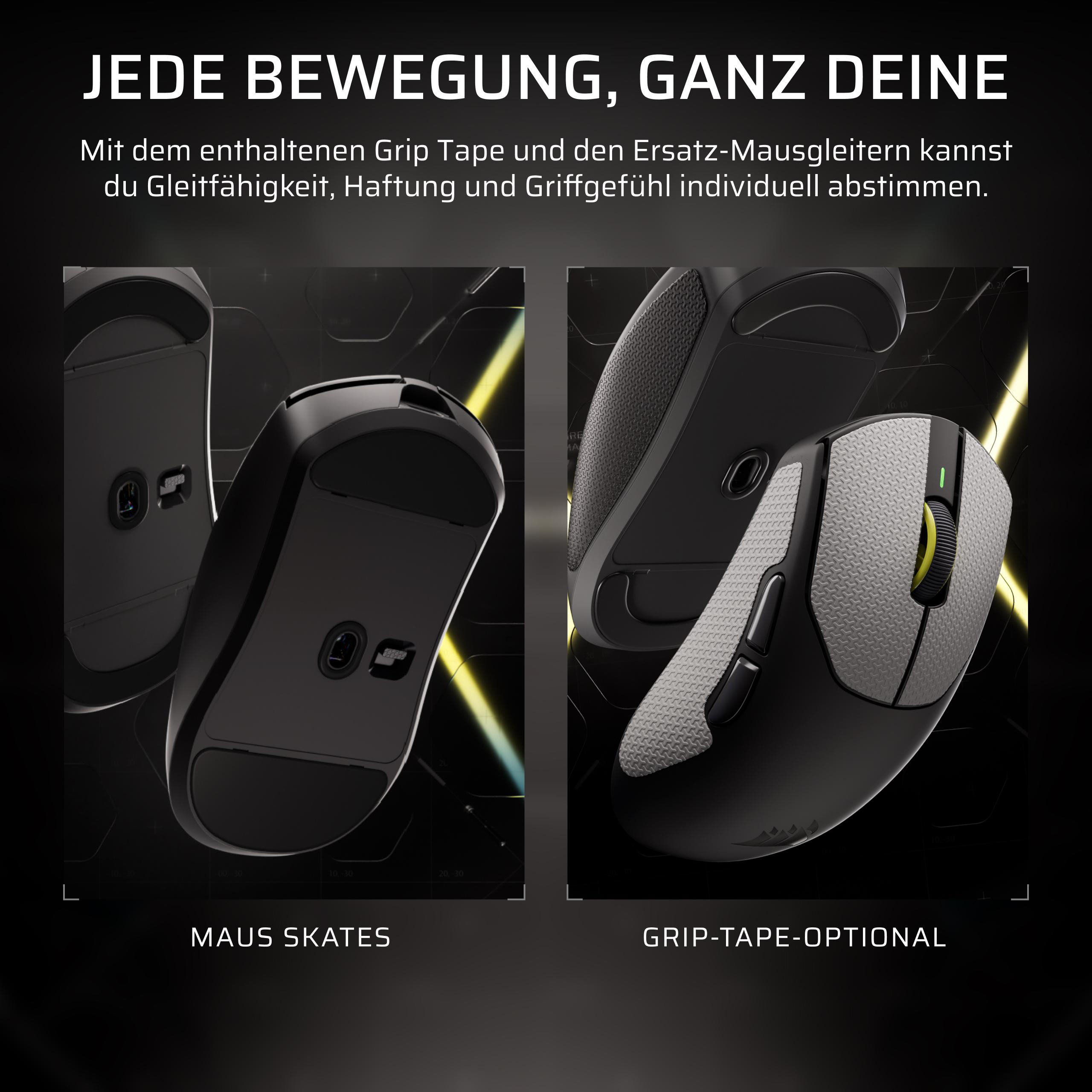 Gaming-Maus mit Maus-Skates und optionalem Grip-Tape für bessere Haftung und Gleitfähigkeit.