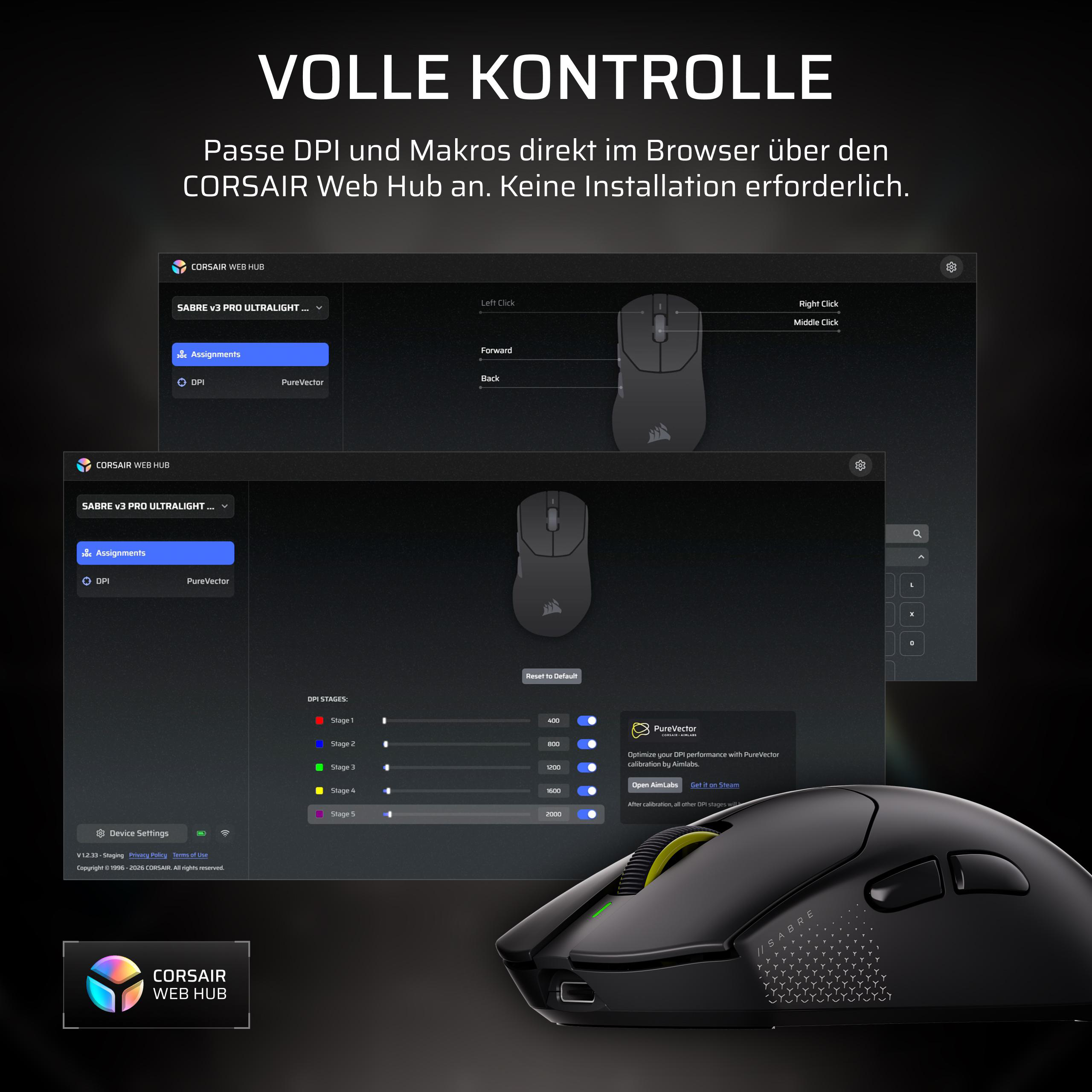 Screenshot der CORSAIR Web Hub Software zur Anpassung von DPI und Makros für eine schwarze Gaming-Maus.