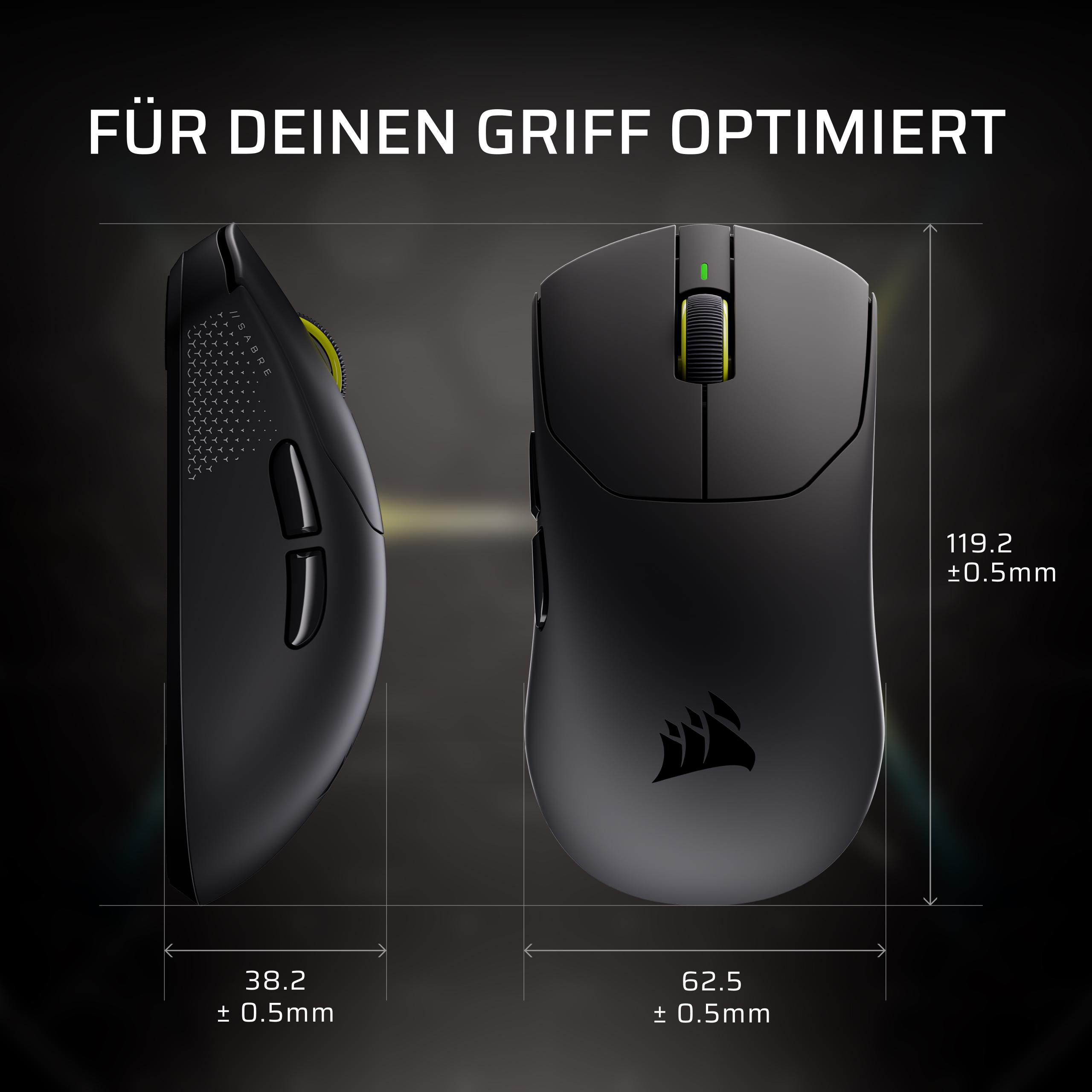 Technische Zeichnung einer schwarzen Gaming-Maus mit Maßen.