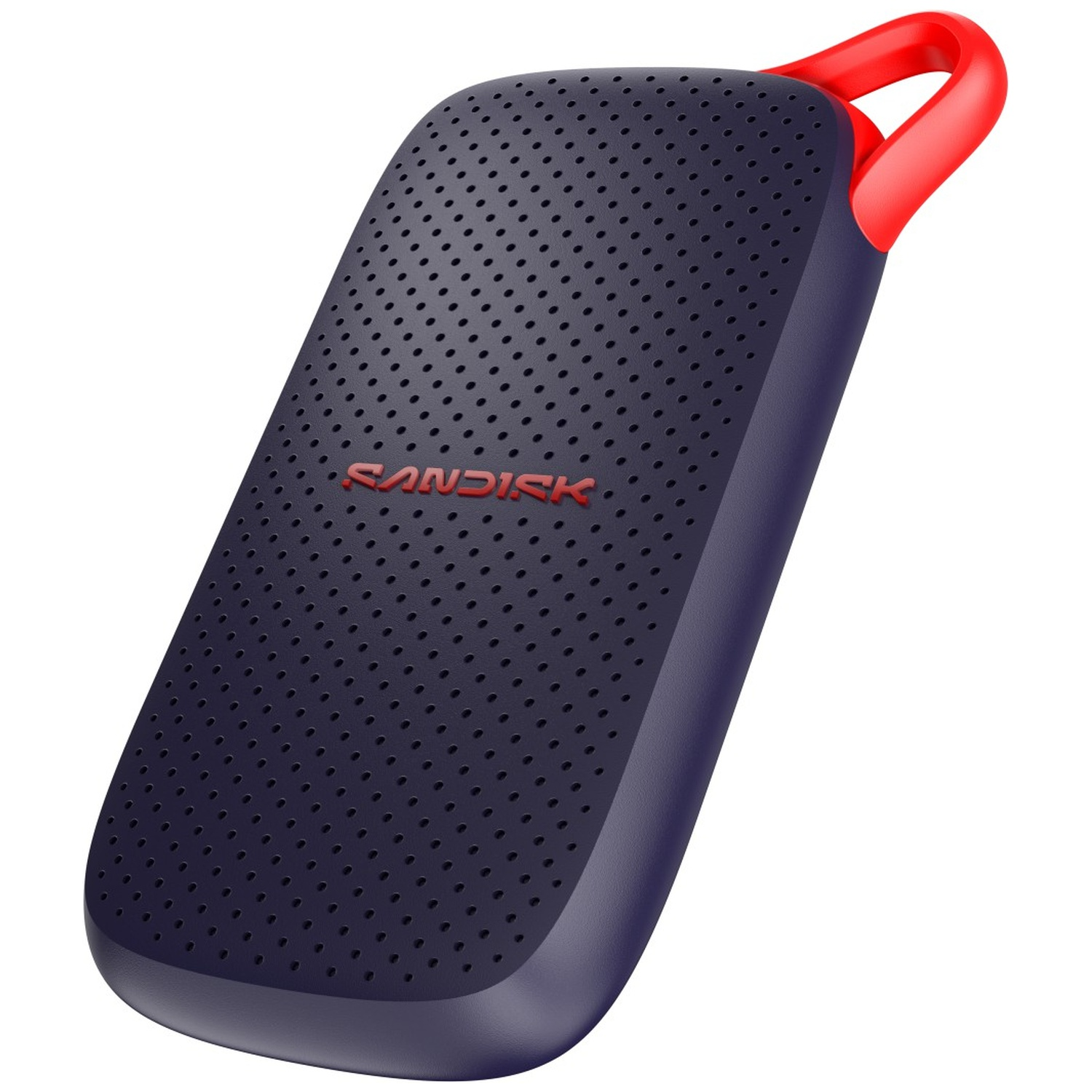 A black SanDisk portable SSD with a textured rubberized body and a bright red hanging loop on top.