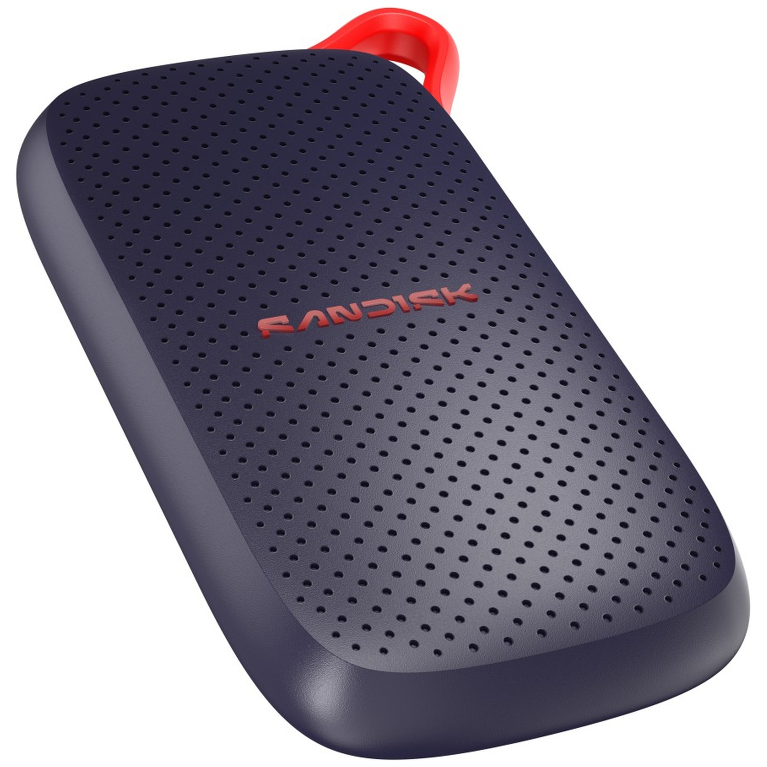 Dark blue SanDisk SSD with a red logo and red loop at the top.