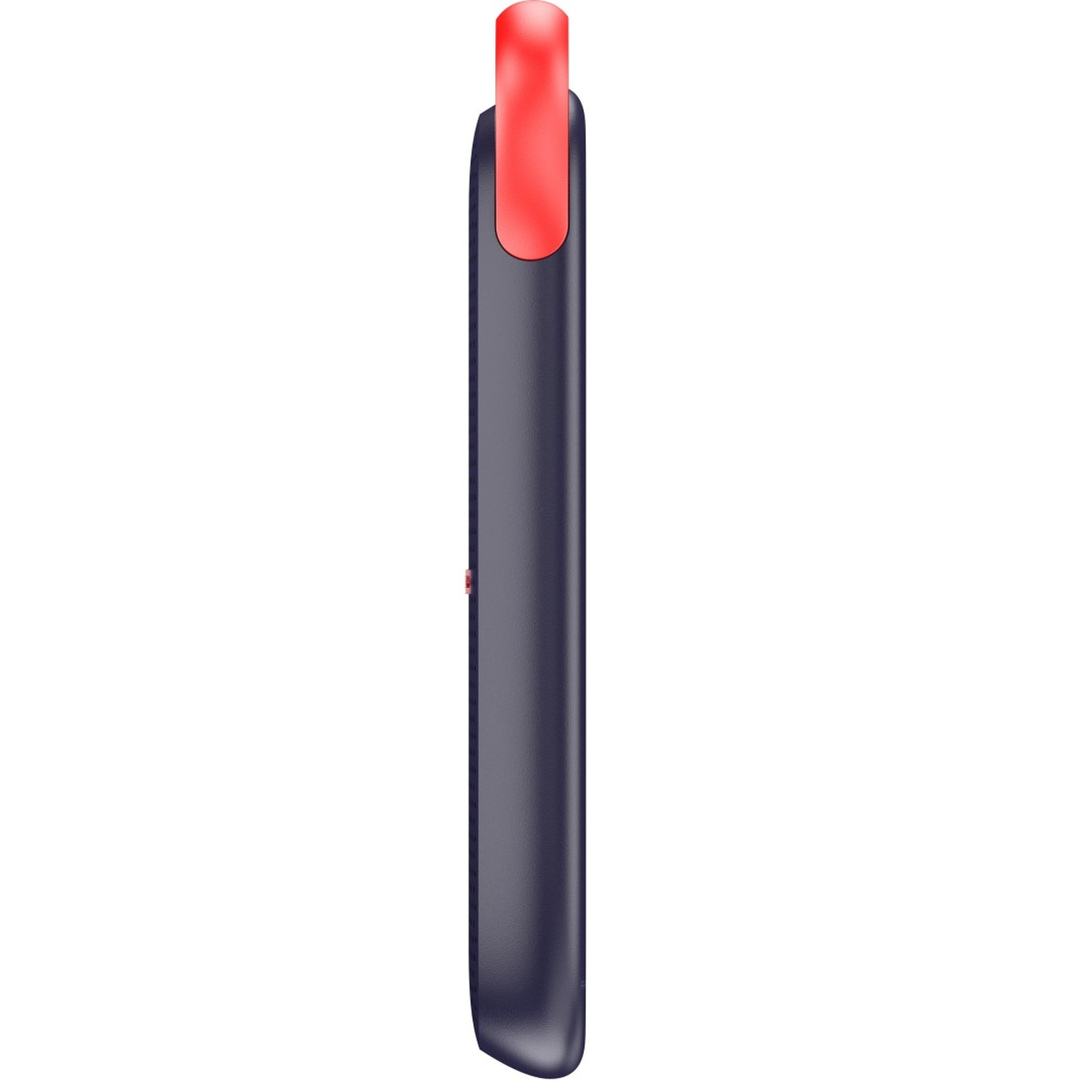 Side view of a dark blue device with a red top button against a white background.