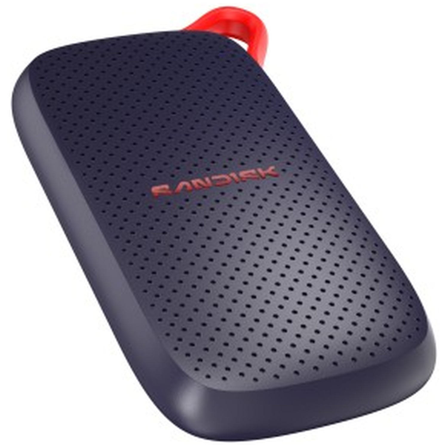 Blue SanDisk SSD with perforated surface and red loop.