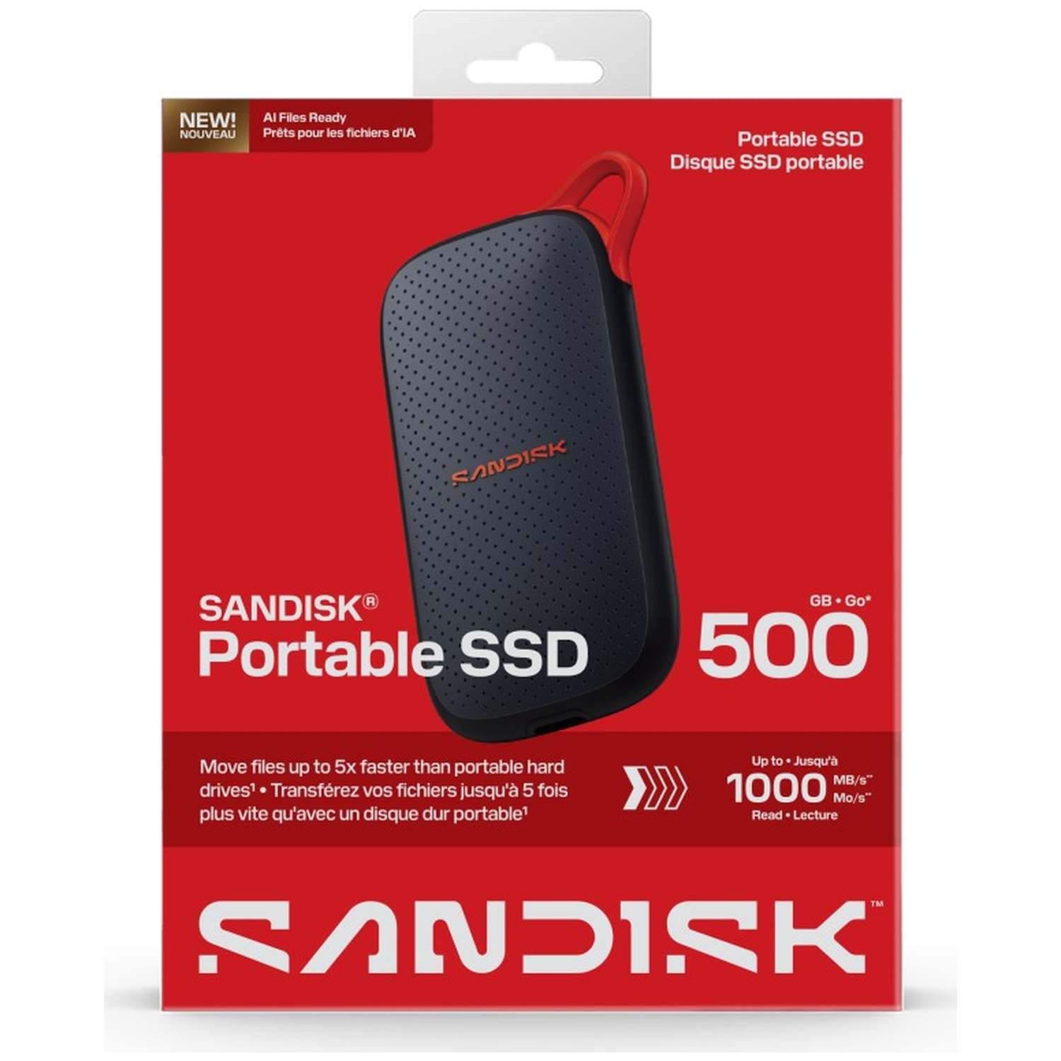Red retail packaging for a 500GB SanDisk Portable SSD with speeds up to 1000 MB/s.