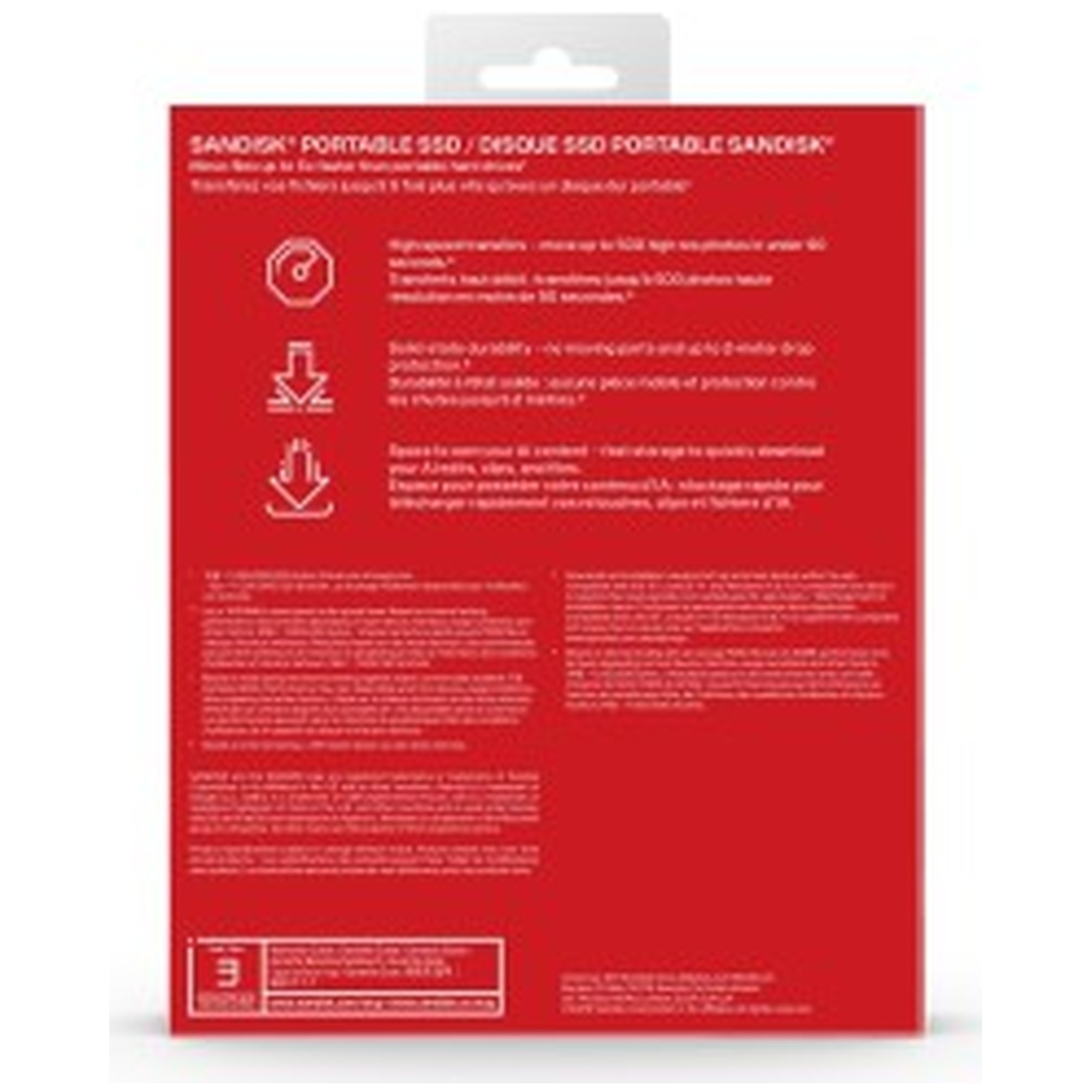 Red back of a SanDisk portable SSD retail packaging with product features and icons.