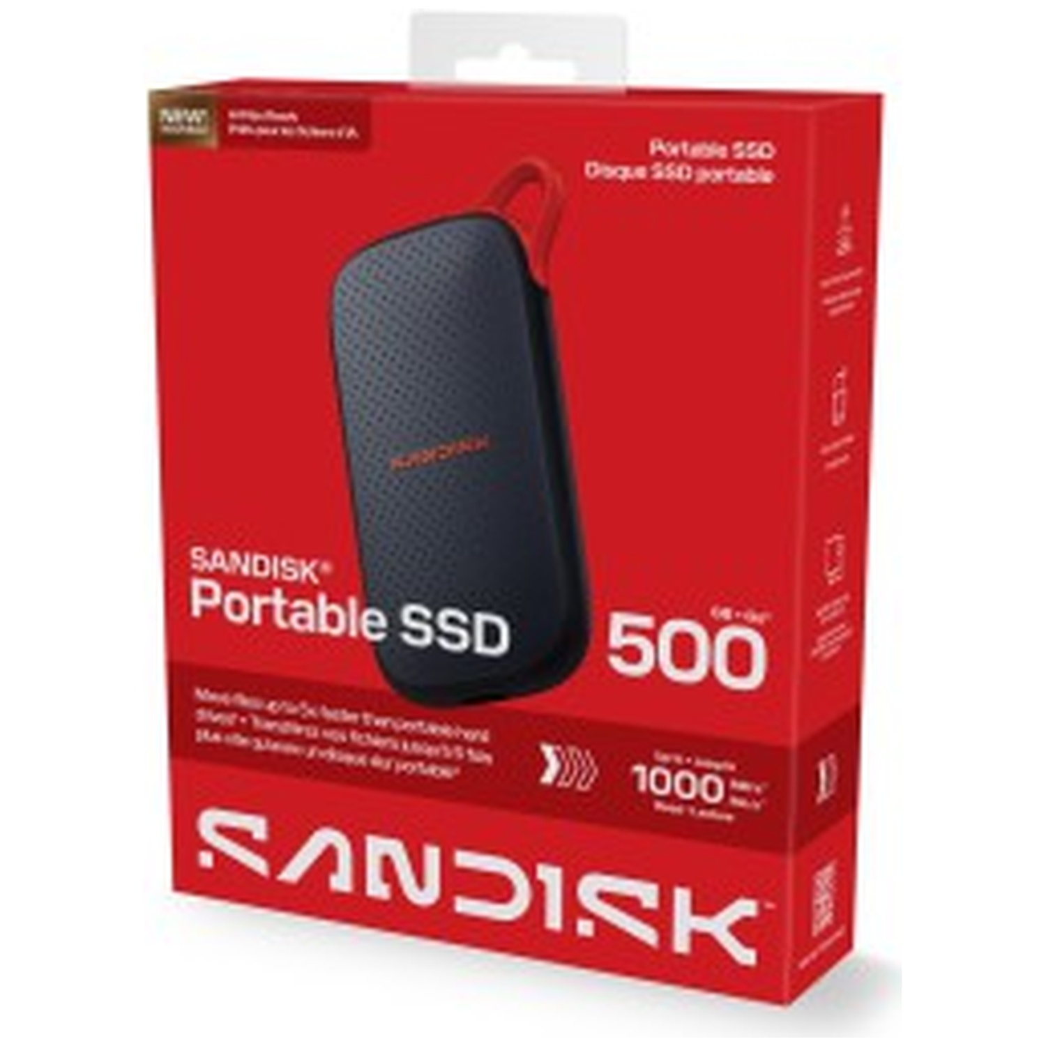 Red packaging for a SanDisk 500GB portable SSD, featuring an image of the black drive.