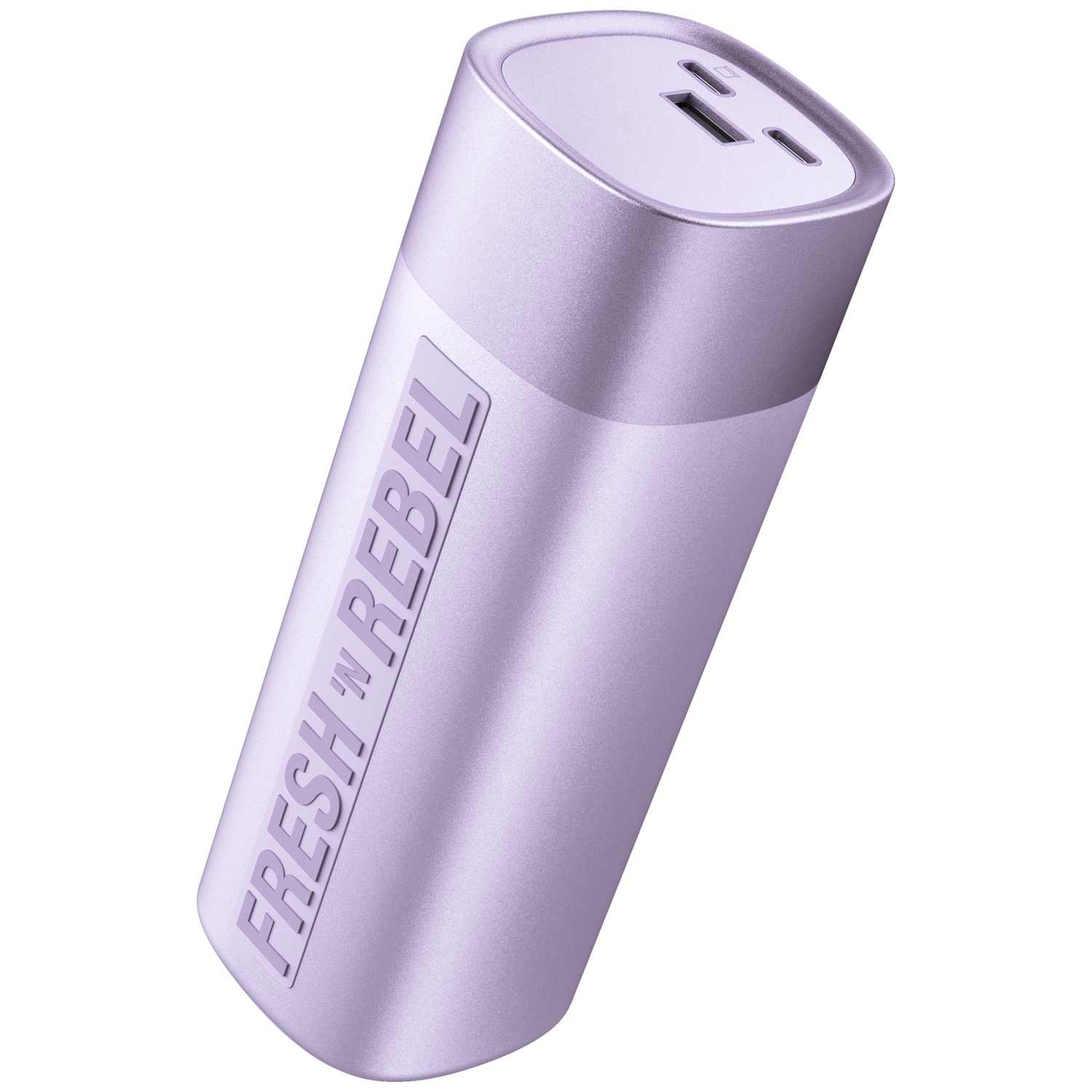 A purple cylindrical Fresh 'n Rebel power bank with USB ports on top, set against a white background.