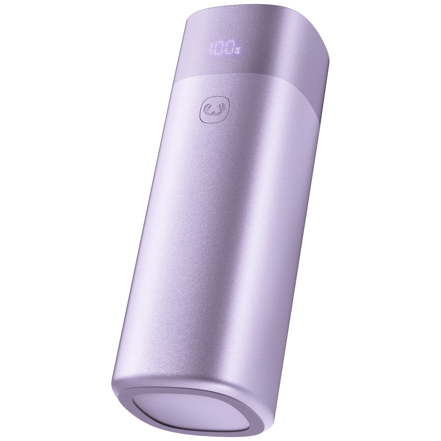 A long, cylindrical purple power bank with a digital percentage display on top and a round button.