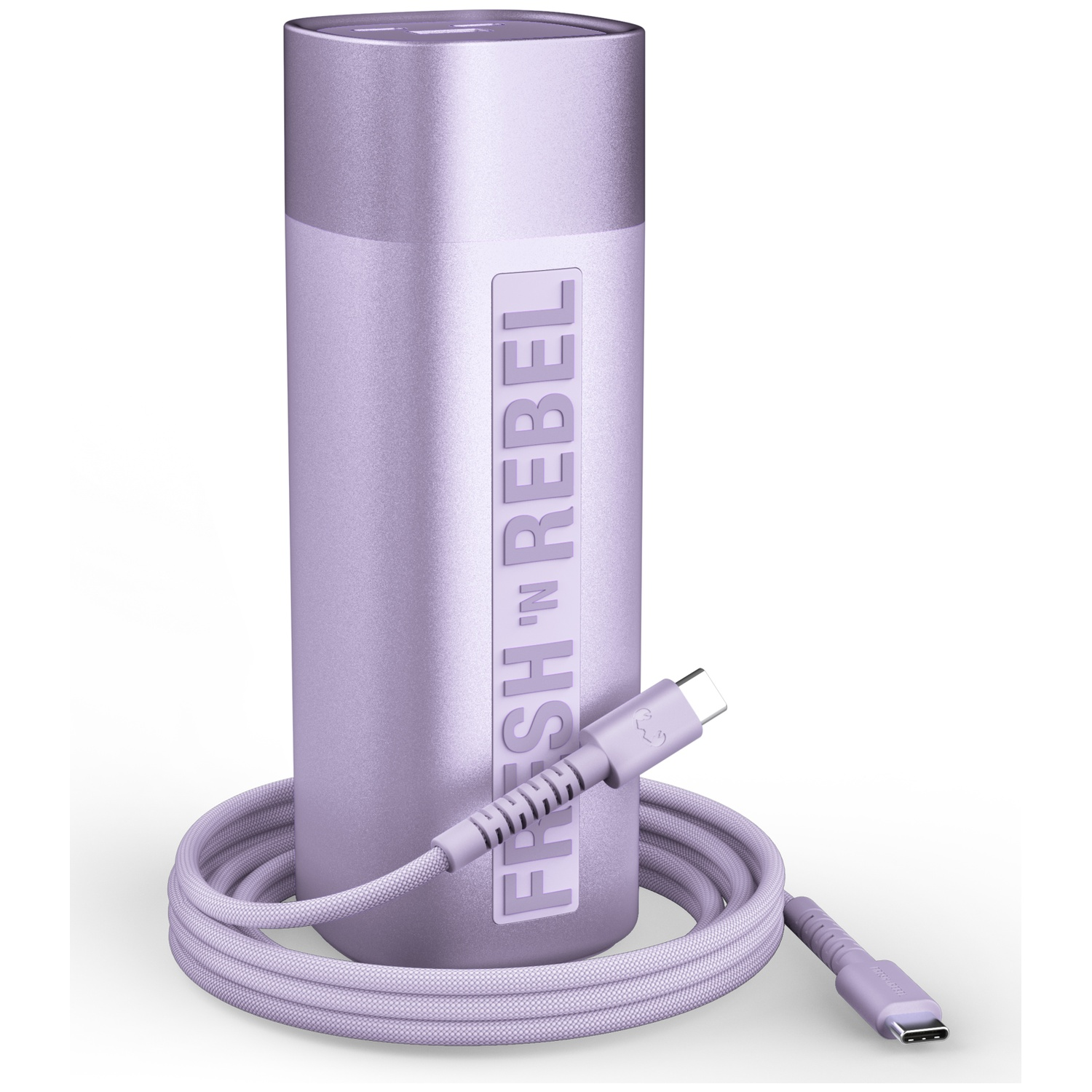 A cylindrical purple power bank with the brand name FRESH 'N REBEL, wrapped with a matching USB-C charging cable.