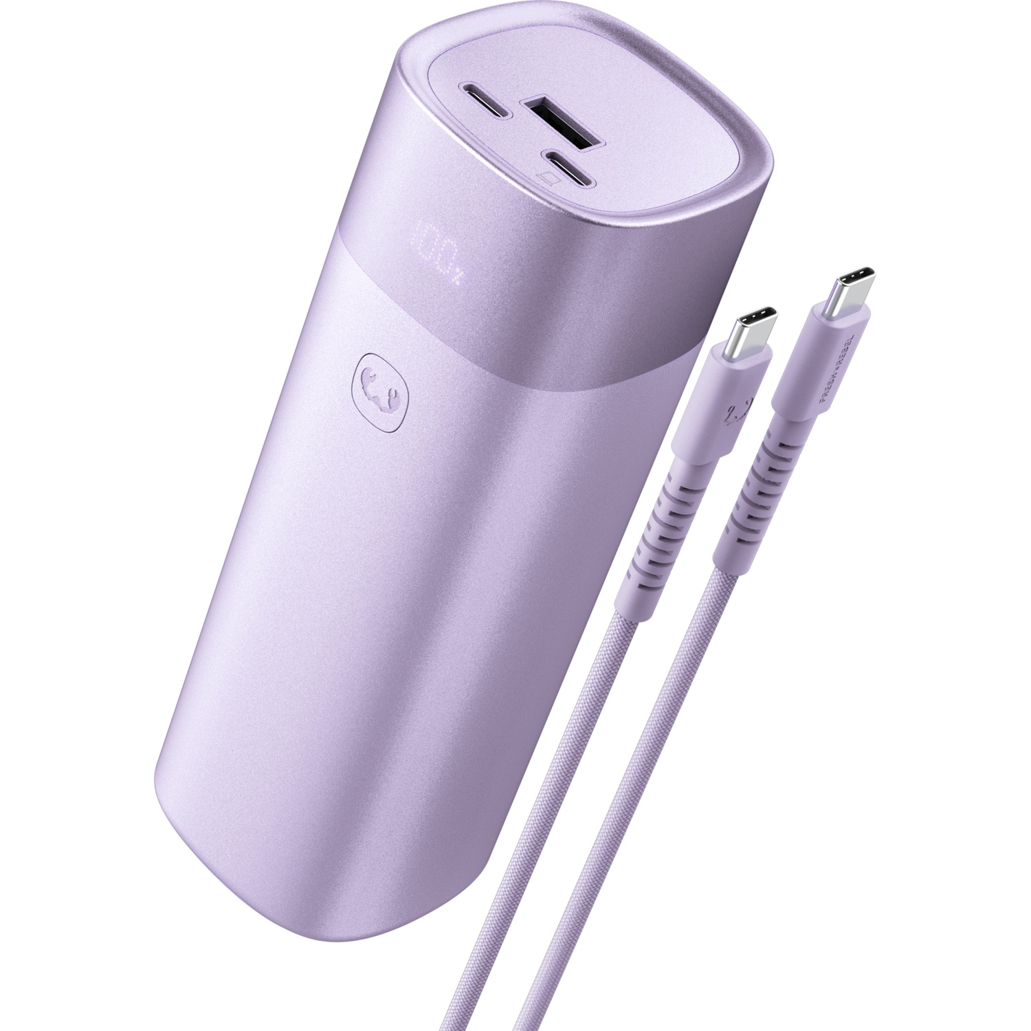A lavender power bank with a digital display and two matching USB-C cables against a white background.