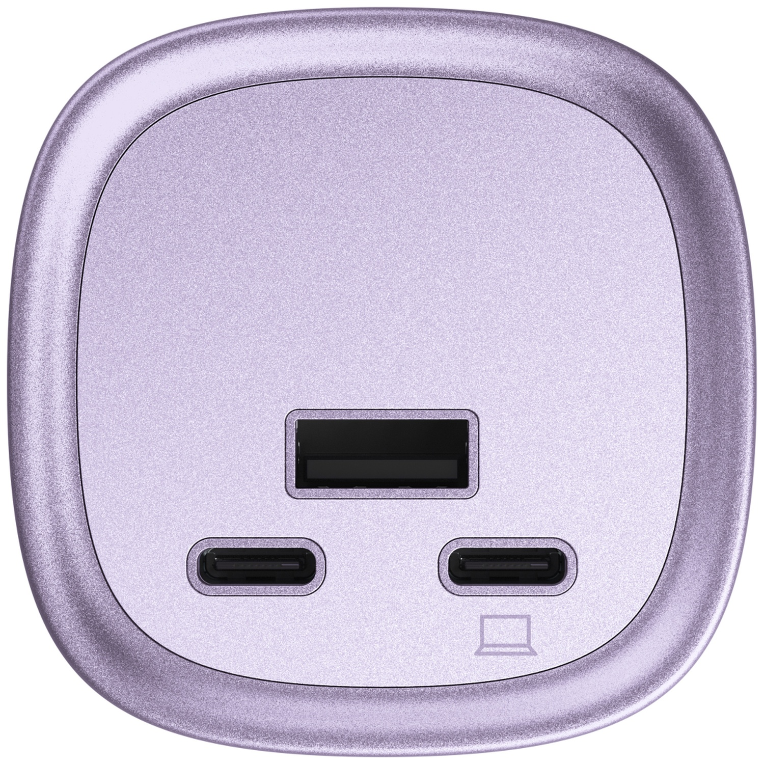 A glossy lavender wall charger featuring one USB-A port and two USB-C ports.