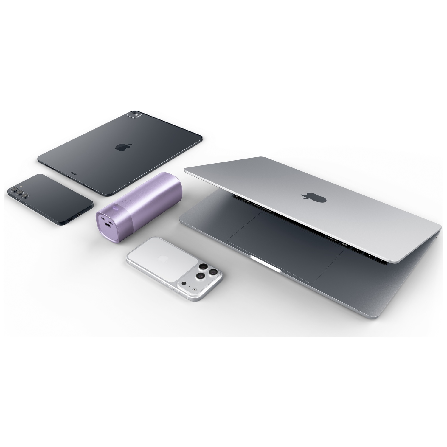 A laptop, tablet, two smartphones, and a purple power bank are arranged flat on a white surface.