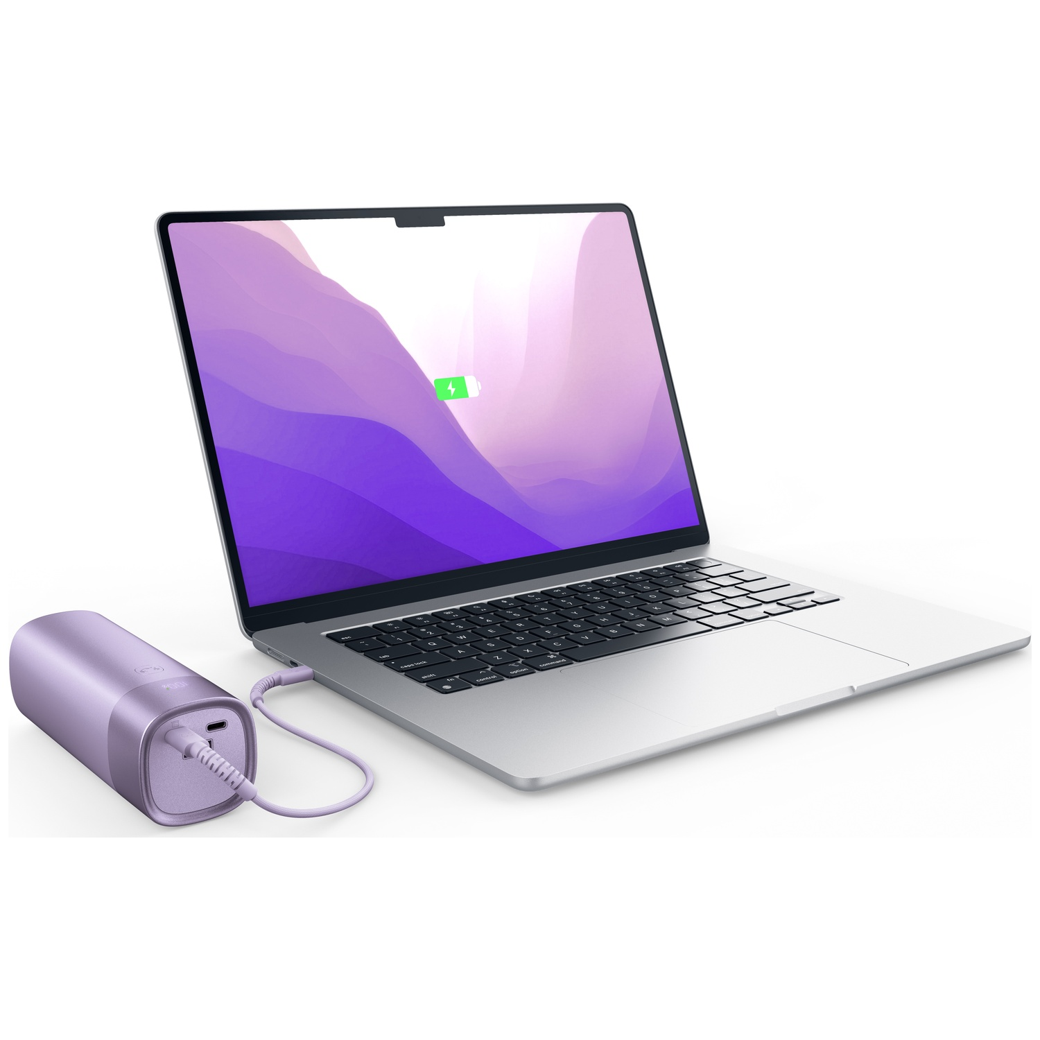 A silver laptop is charging from a purple power bank via a cable against a white background.