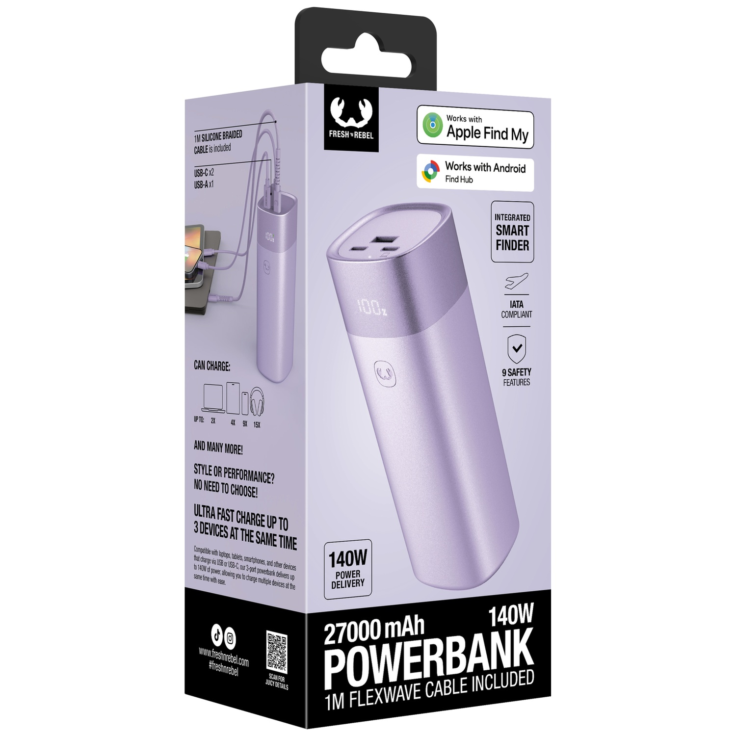 Purple 27000mAh power bank in packaging showing product details.