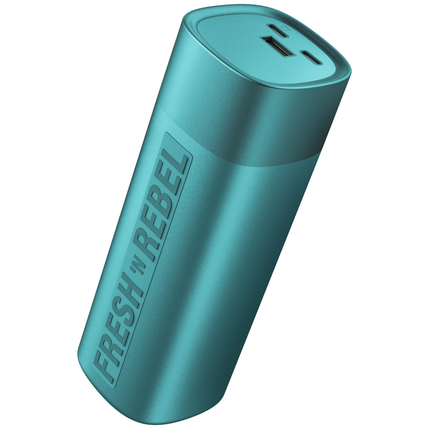 A turquoise Fresh 'n Rebel power bank with USB ports on top.