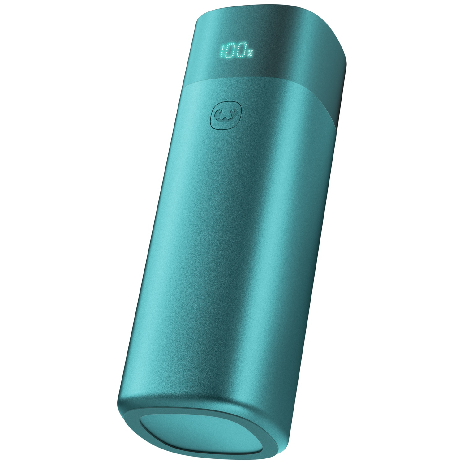 A cylindrical teal power bank with a 100% digital percentage display and a circular button.