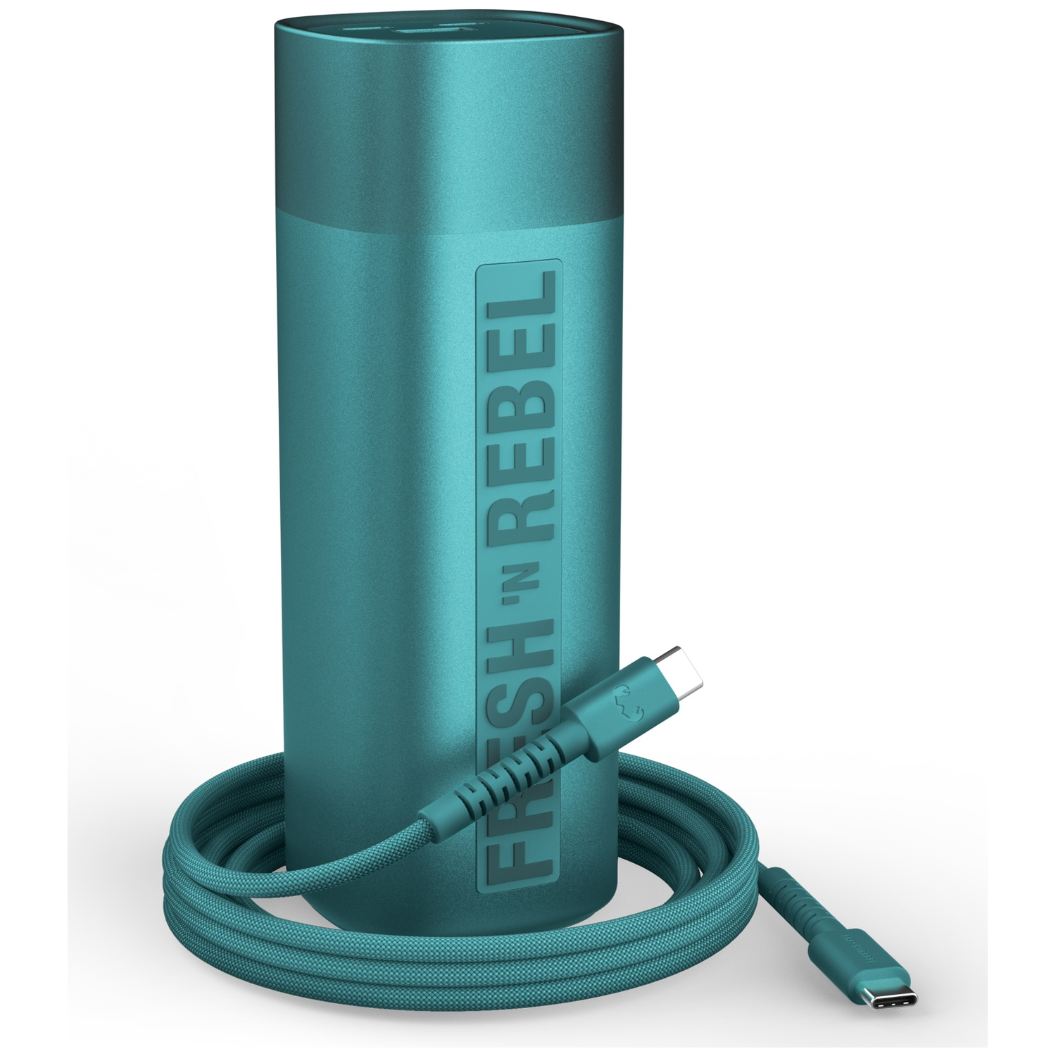 A teal Fresh 'n Rebel power bank with a matching USB-C cable on a white background.