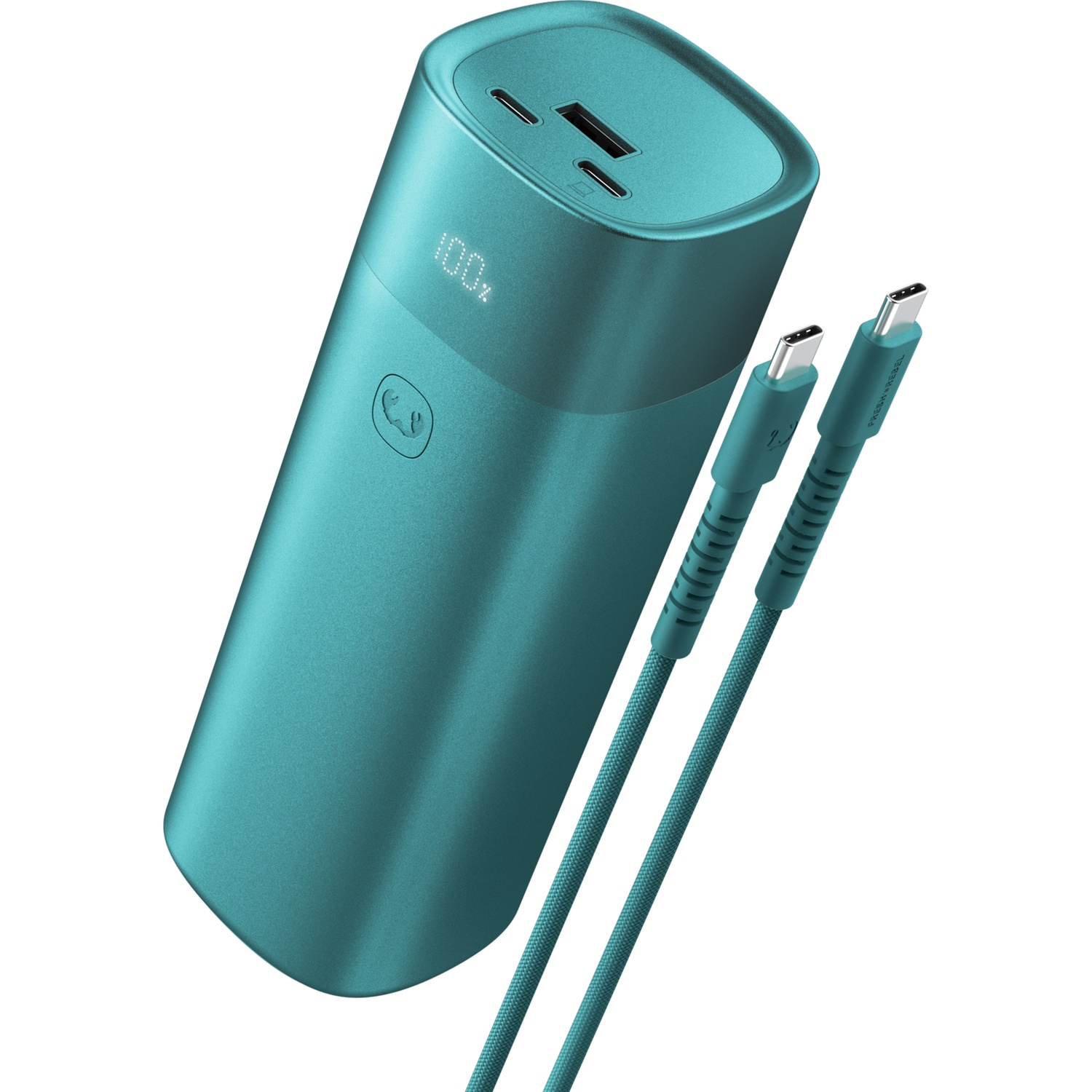 Teal power bank with a digital display and two matching USB-C cables on a white background.