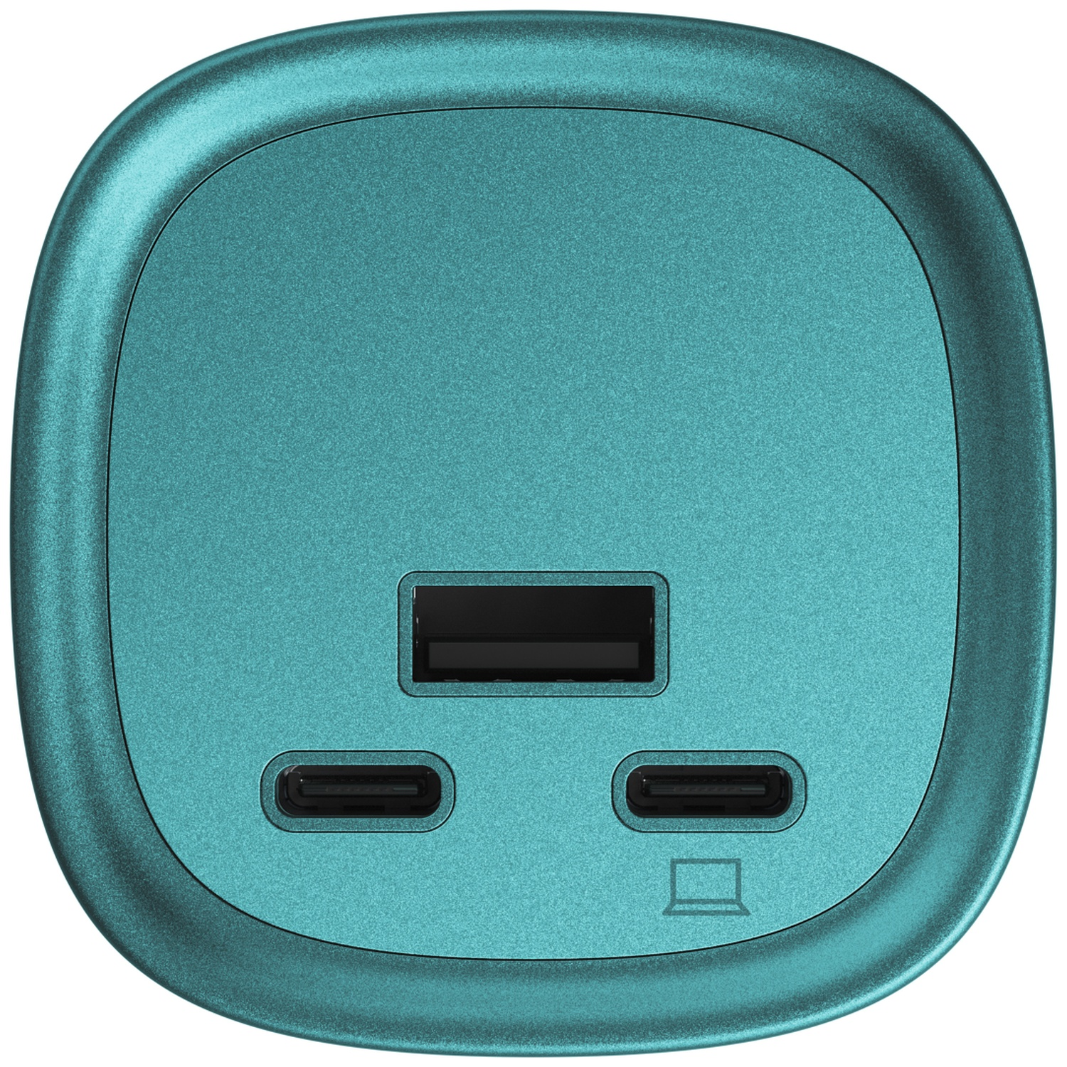Turquoise green USB charger with one USB-A and two USB-C ports.