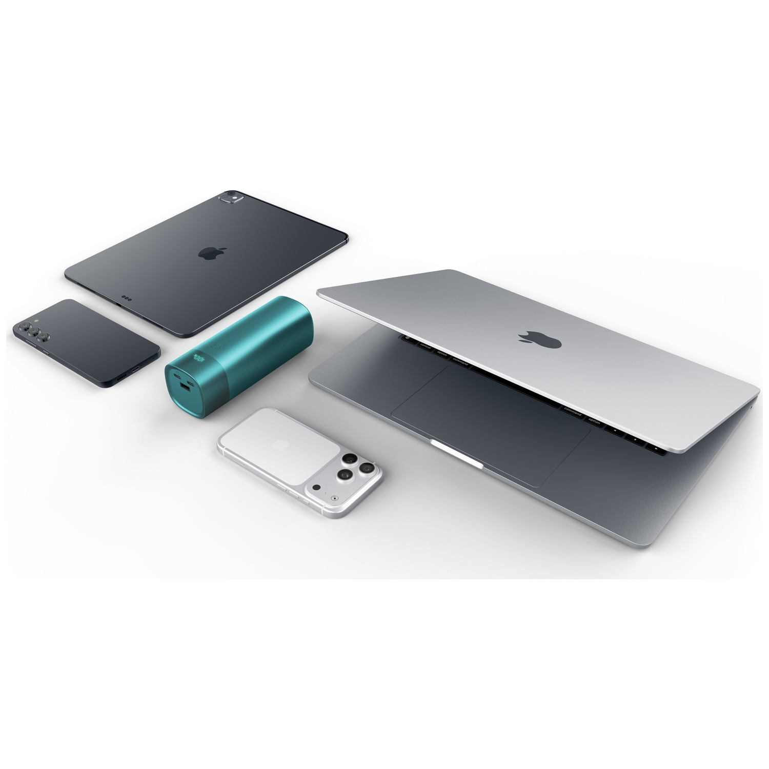 Various Apple devices like a MacBook, iPad, and iPhones lie next to a turquoise power bank.