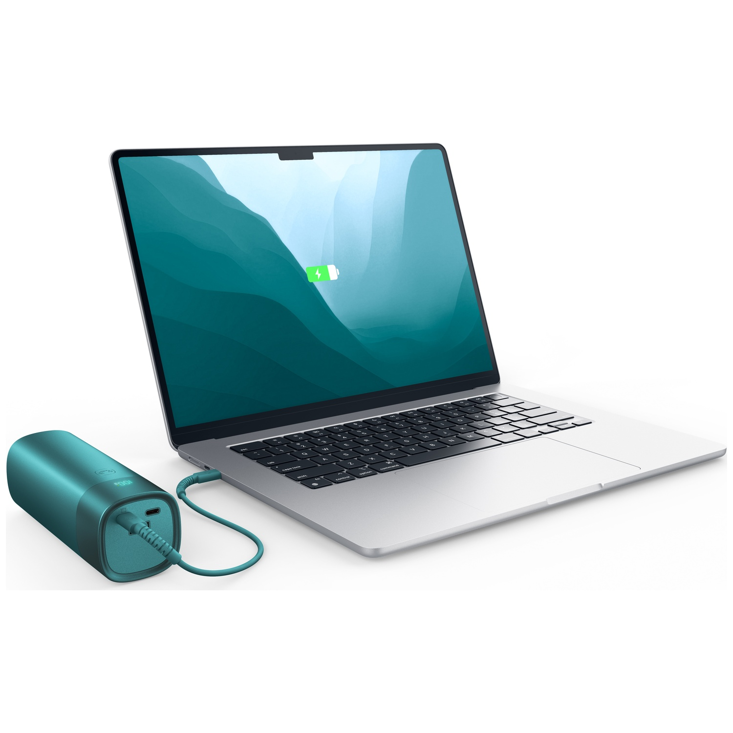 A silver laptop is charging from a teal power bank, placed on a white surface.