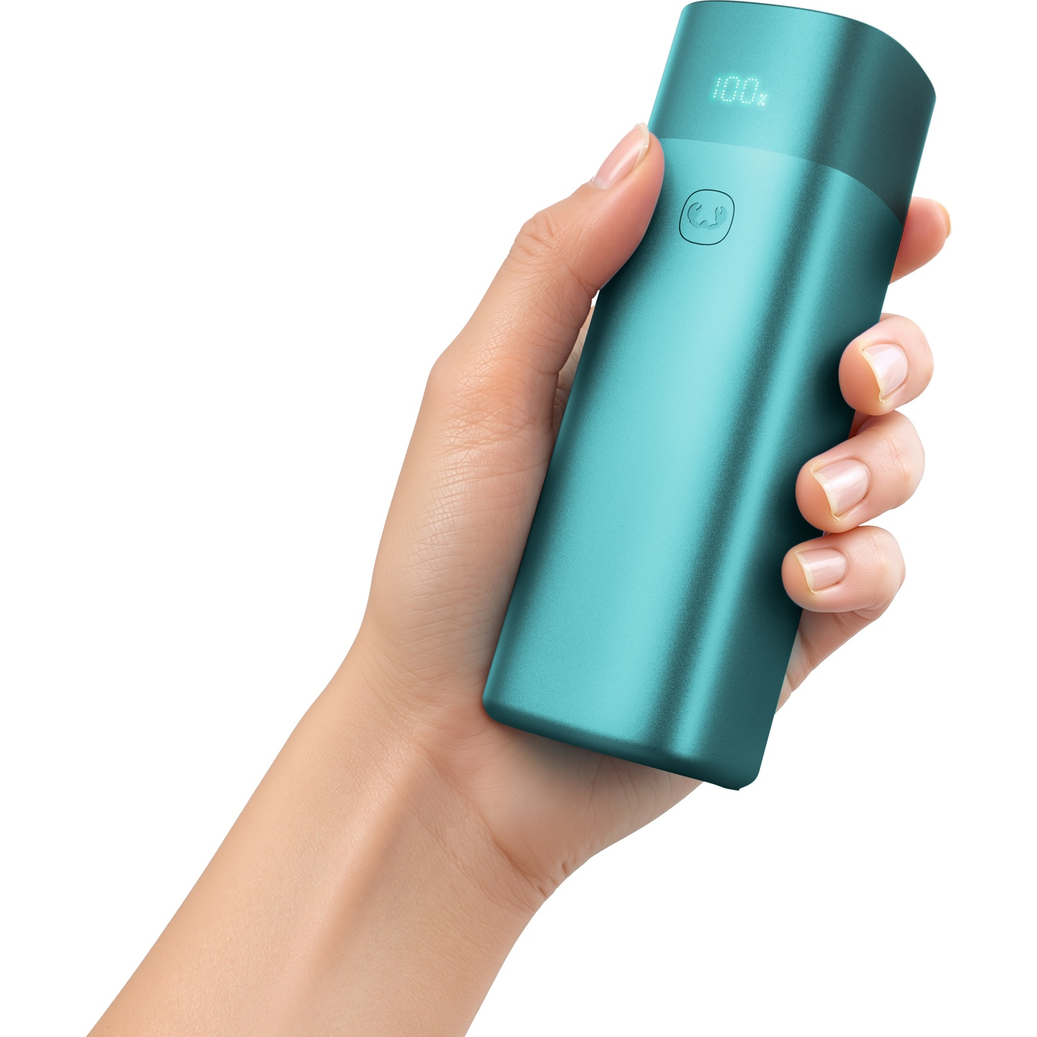 A hand holds a cylindrical turquoise power bank with a digital display against a white background.