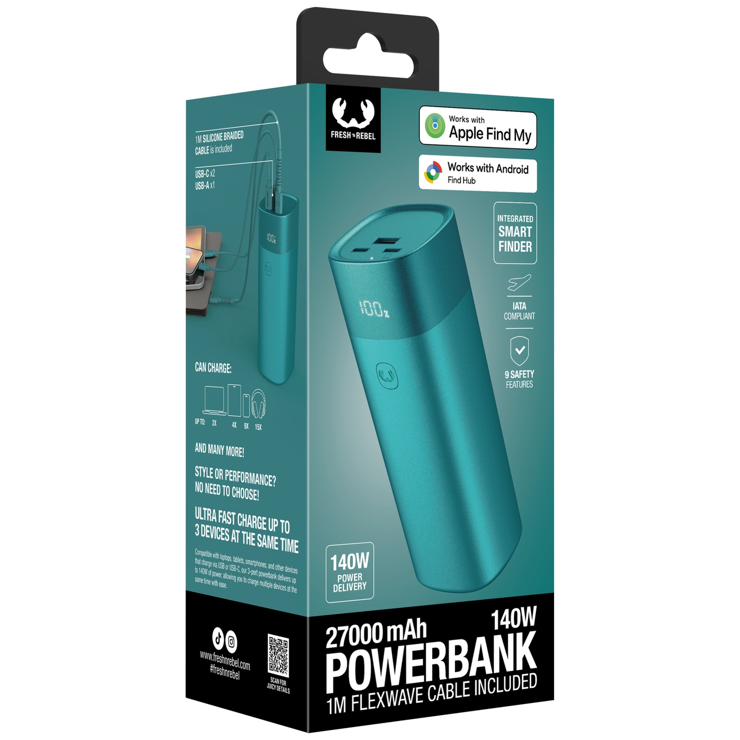 Packaging for a teal Fresh 'n Rebel power bank with 27000 mAh and 140W power delivery.