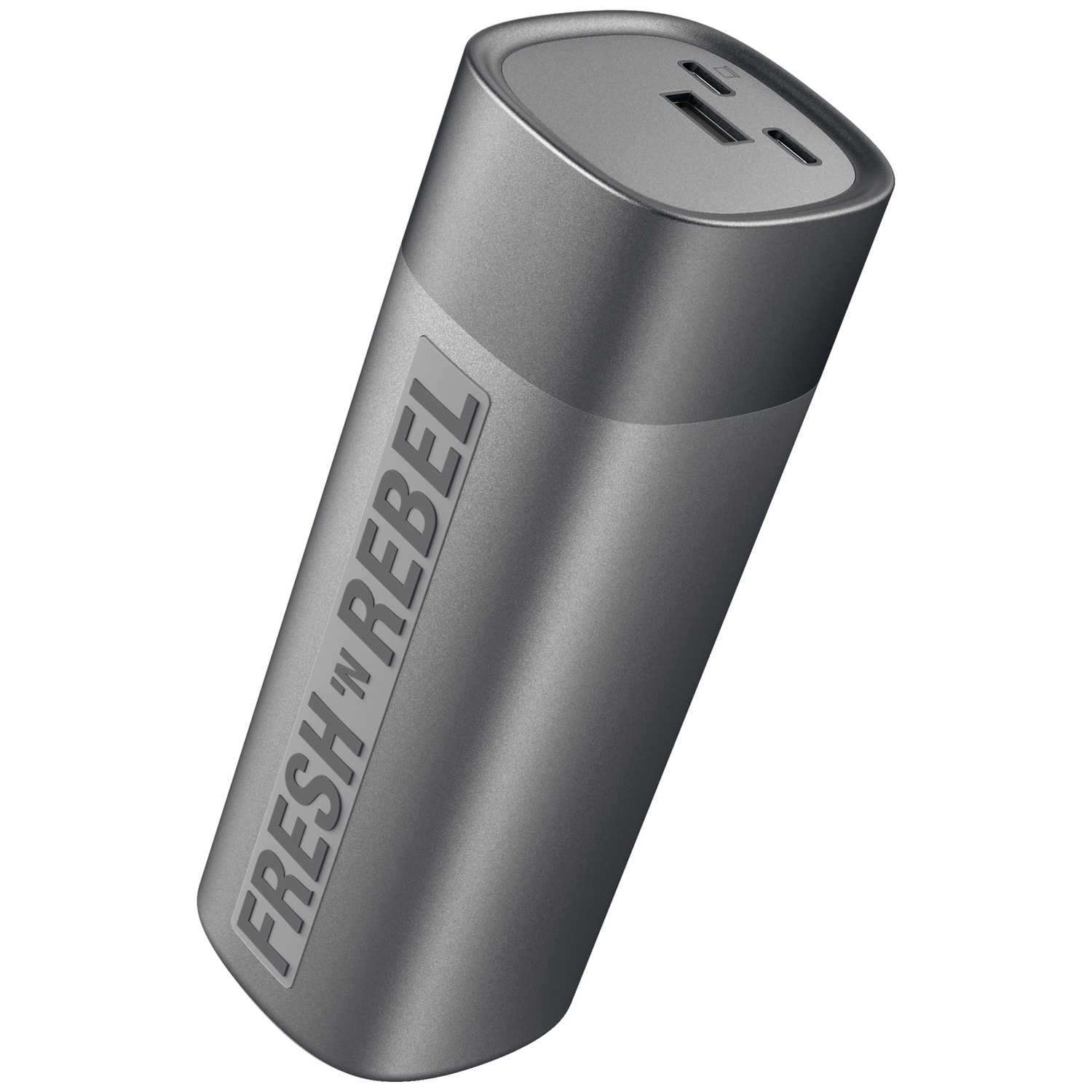 Grey Fresh 'n Rebel power bank with two USB ports on top.