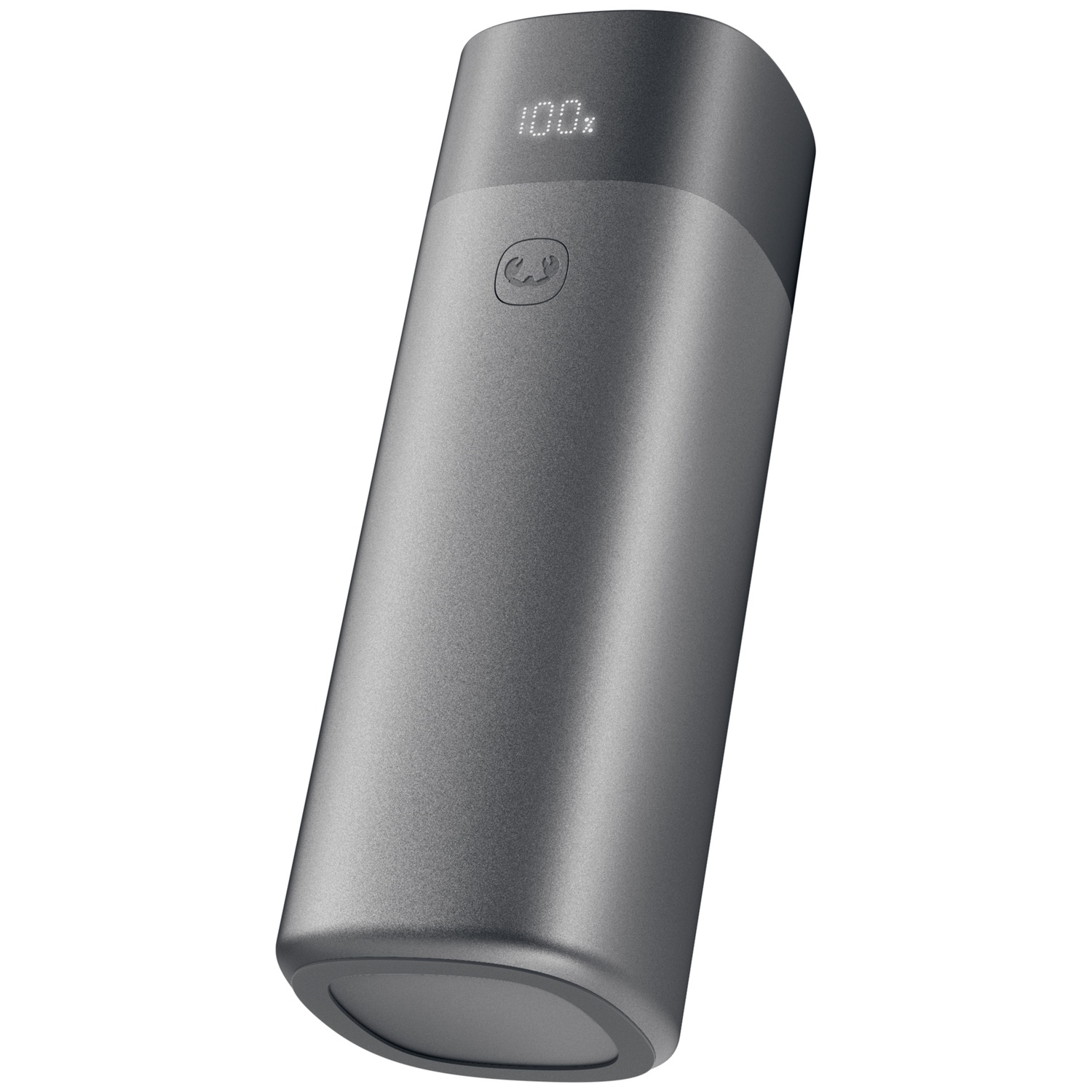 Dark gray cylindrical power bank with a 100% digital percentage display and a circular logo.