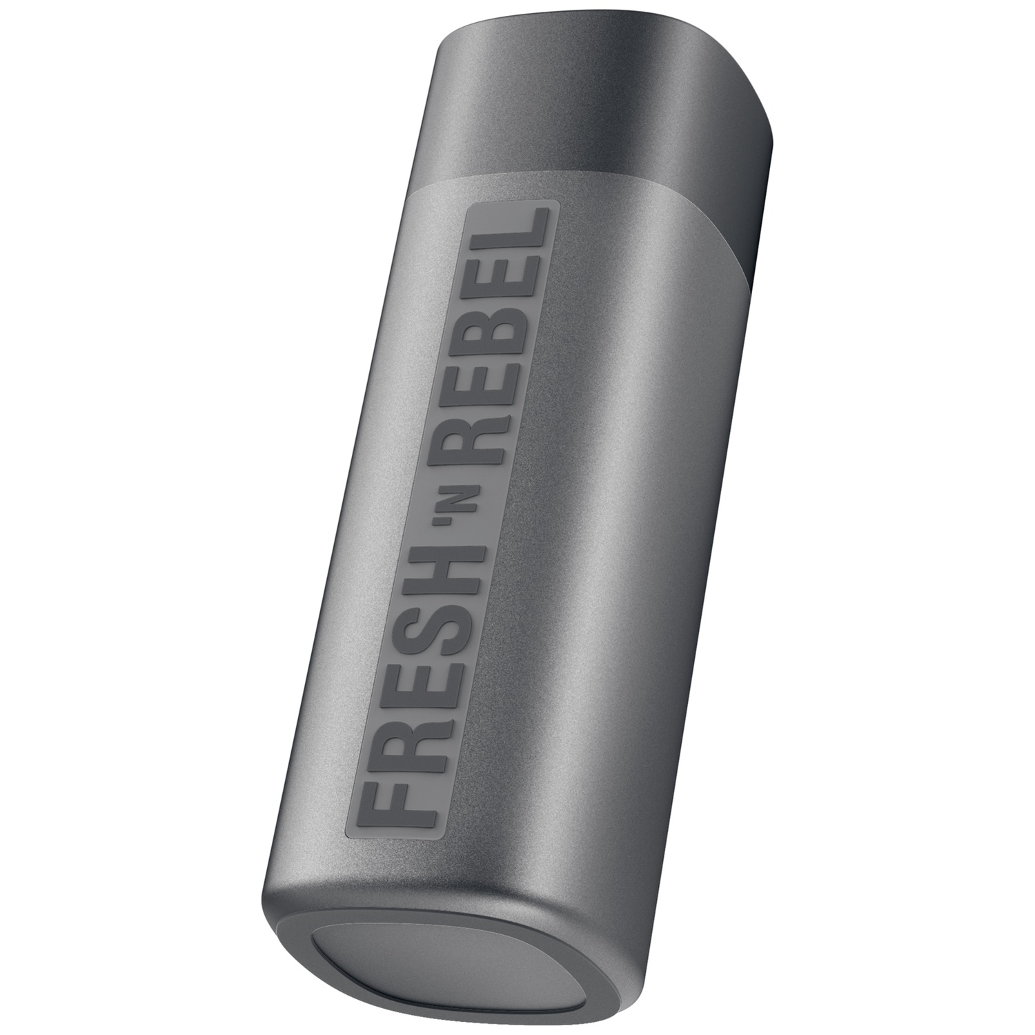 A cylindrical, grey Fresh 'n Rebel Bluetooth speaker on a white background.