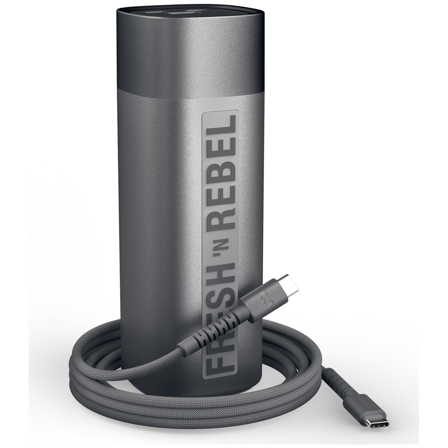 A dark gray power bank with the Fresh 'n Rebel logo stands on a white background with a coiled USB-C cable.