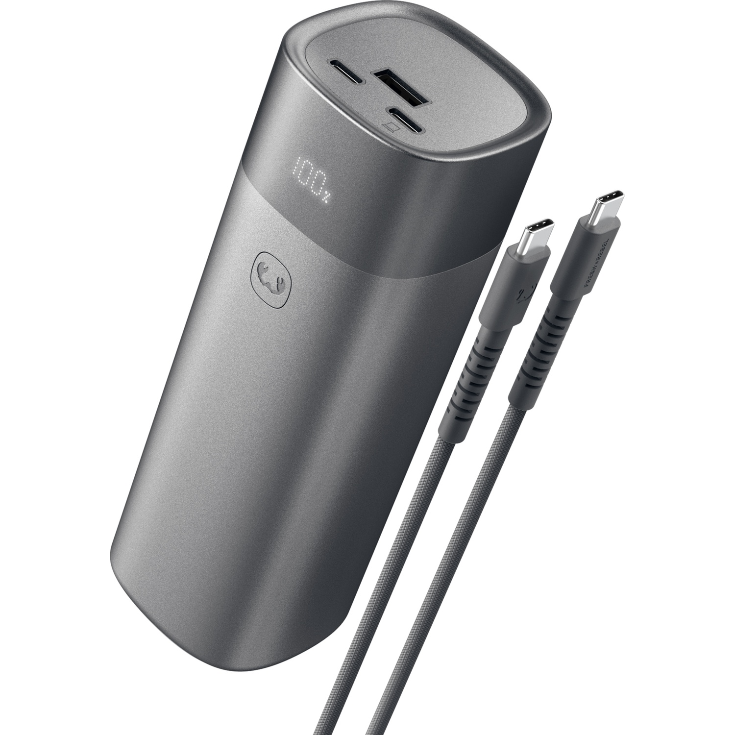 A grey cylindrical power bank with a digital battery display and two USB-C cables on a white background.