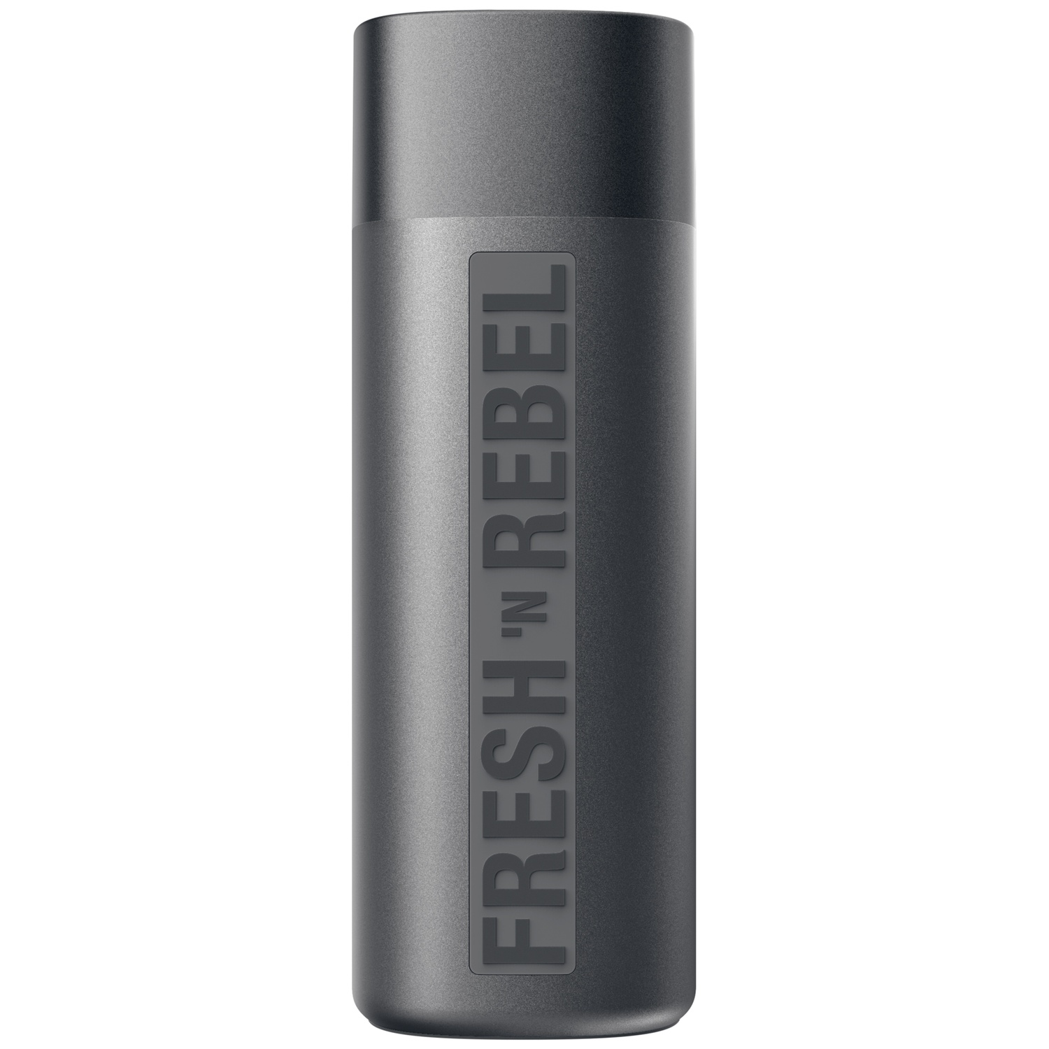 Dark grey cylindrical Fresh 'n Rebel speaker with a vertical brand logo against a white background.