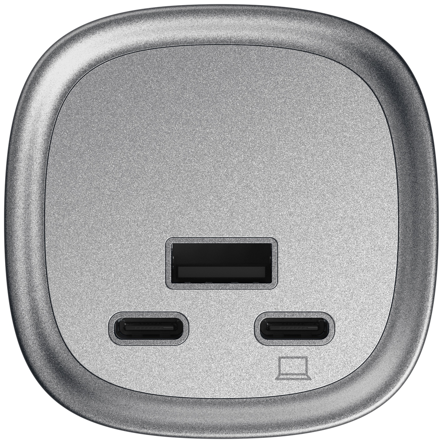 Gray charger with rounded corners, one USB-A port, and two USB-C ports.