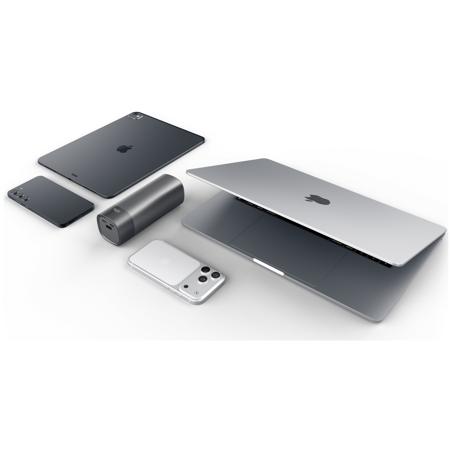 A laptop, two smartphones, a tablet, and a power bank are arranged neatly on a white surface.