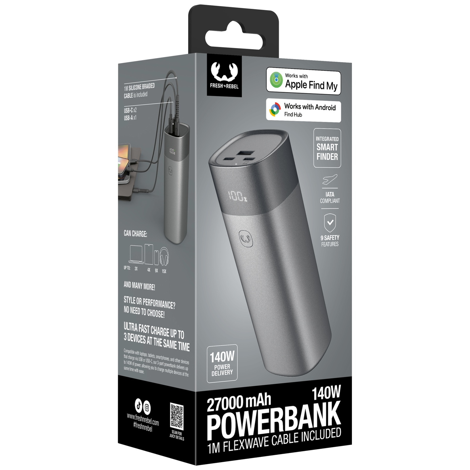 Grey Fresh 'n Rebel power bank box showing 27000 mAh and 140W.