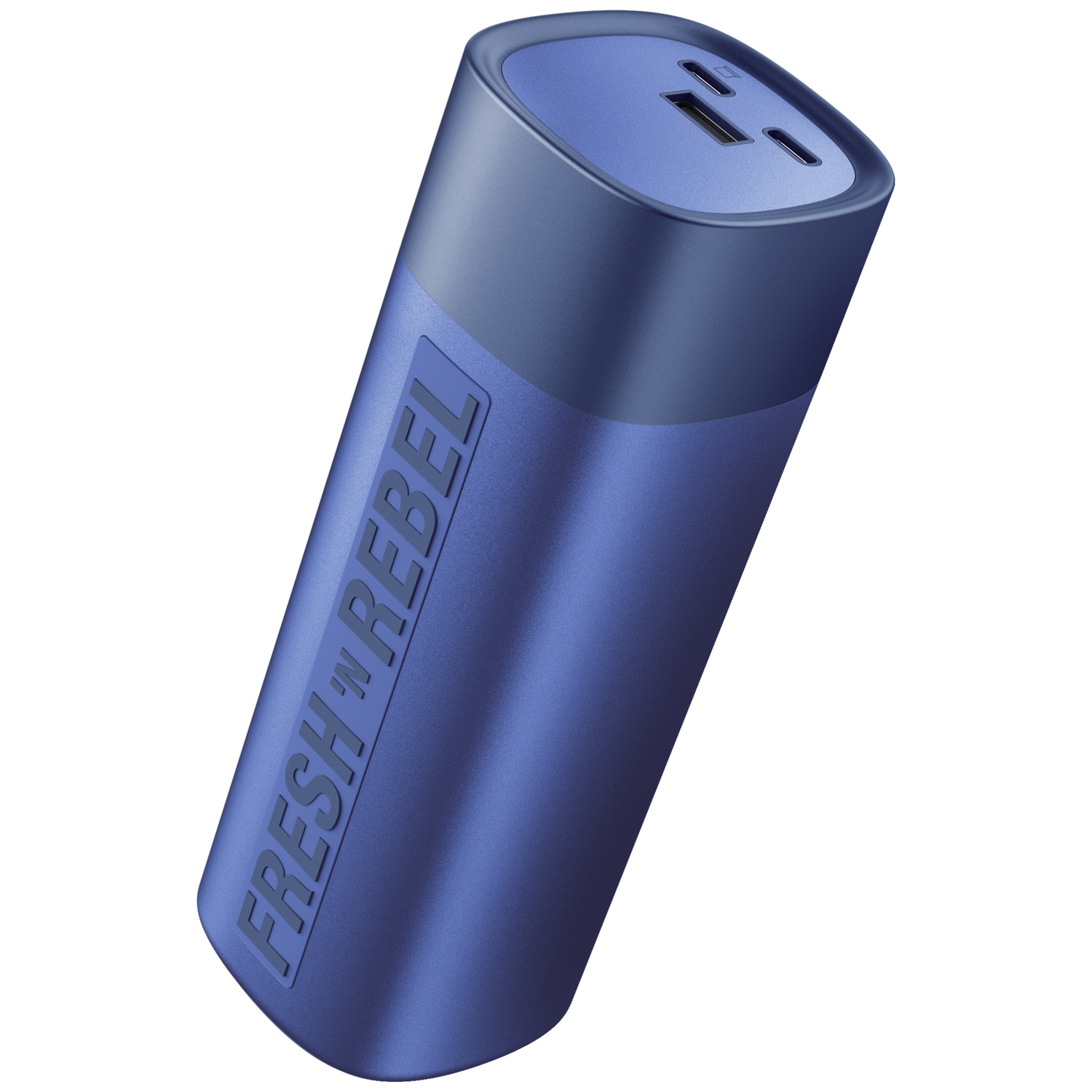 Blue Fresh 'n Rebel power bank with USB ports on top.