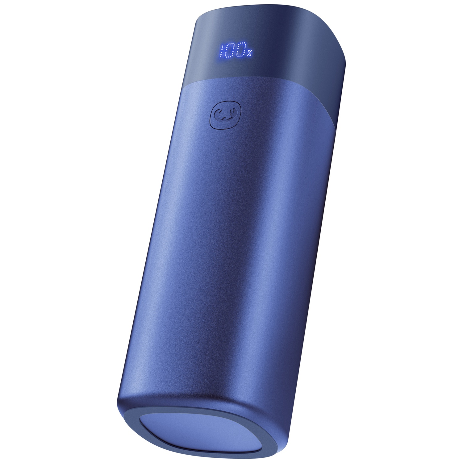 A blue, cylindrical power bank with a digital percentage display and a power button against a white background.