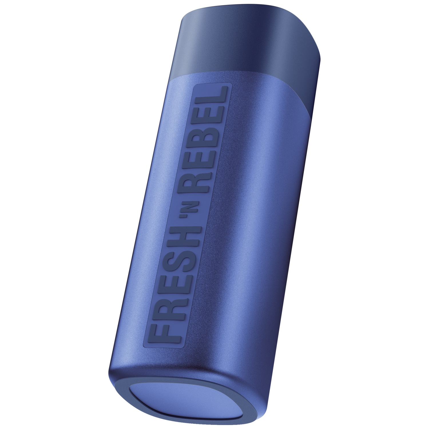 A cylindrical blue Fresh 'n Rebel wireless speaker with embossed text on a white background.