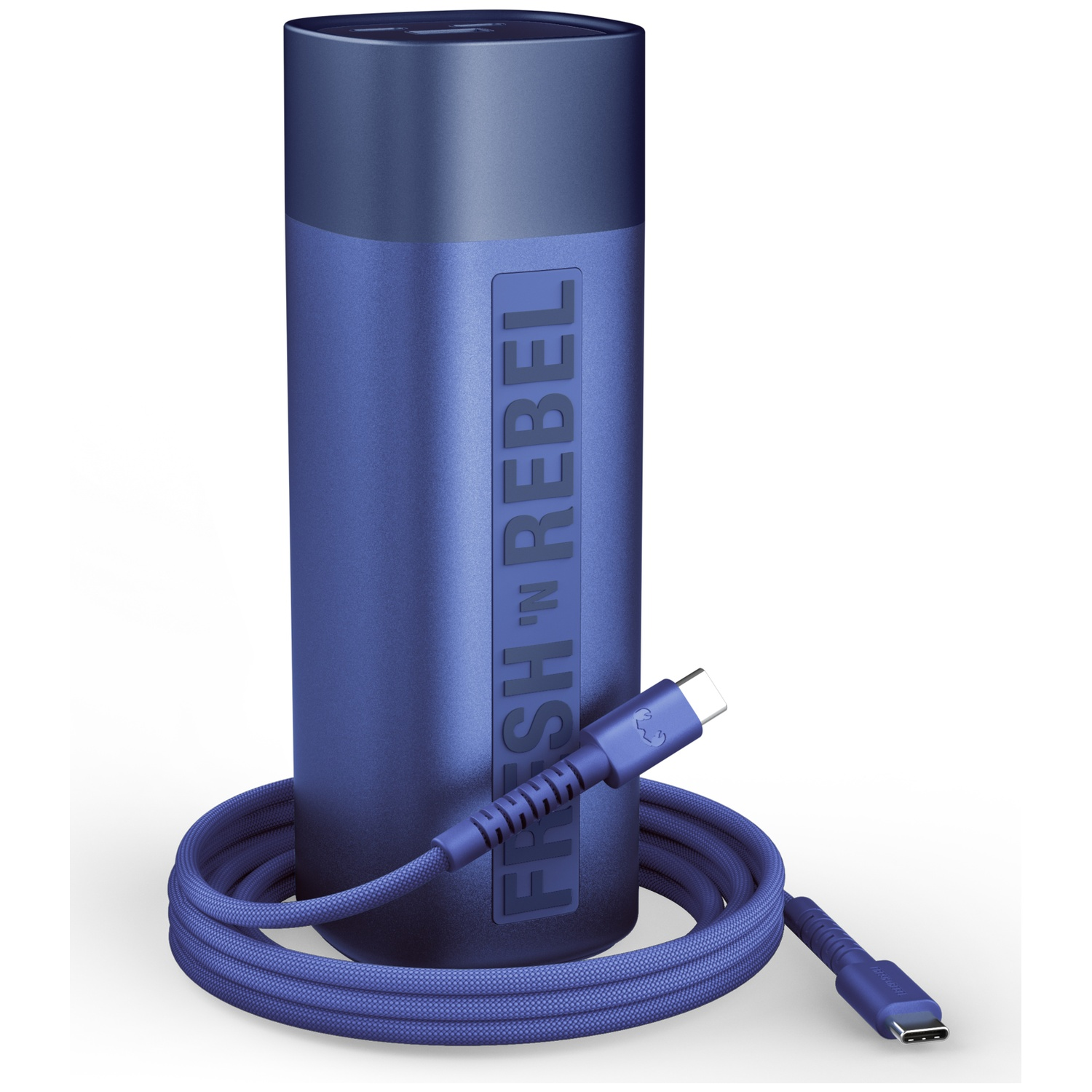 A blue Fresh 'n Rebel power bank with a braided USB-C cable coiled around its base on a white background.