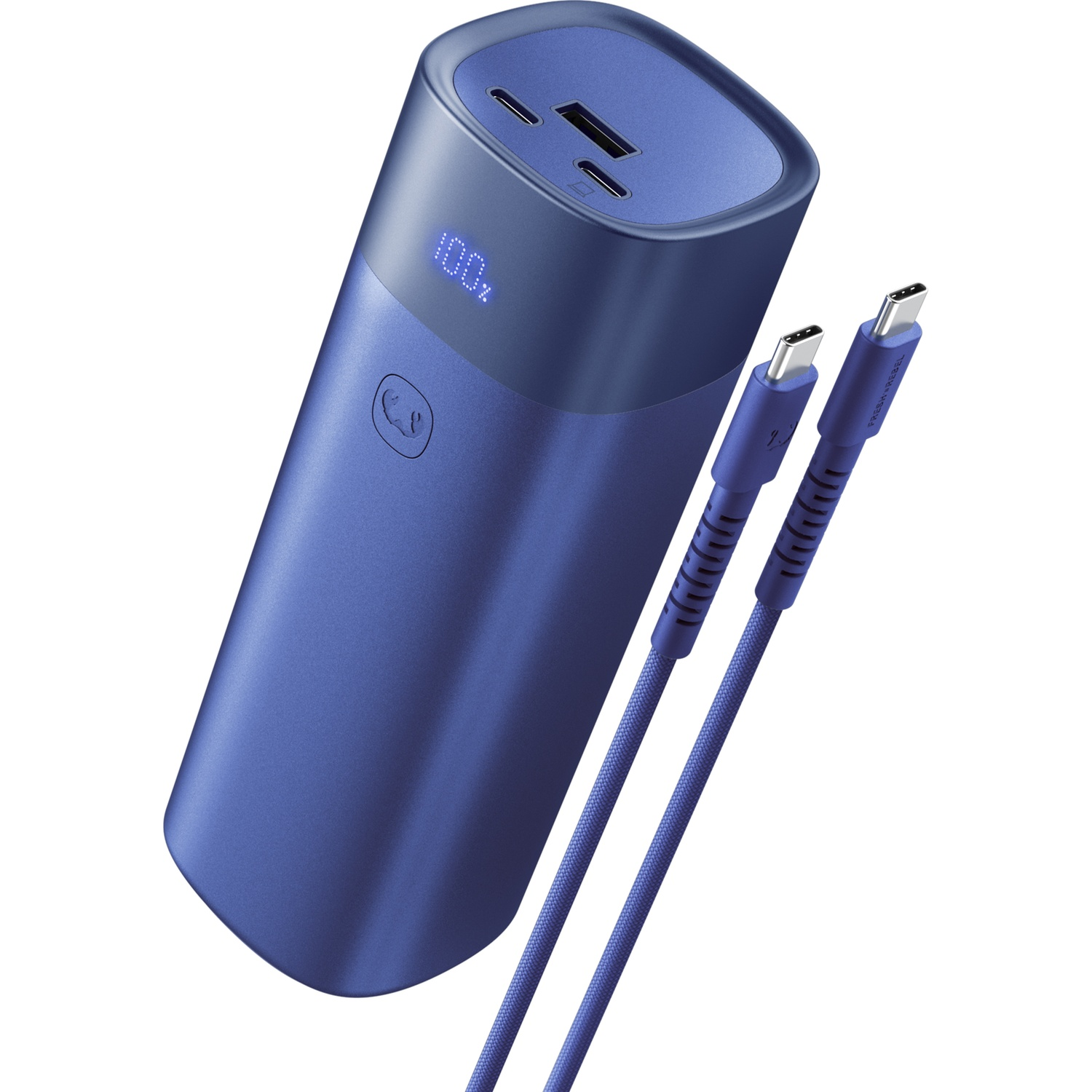 Blue power bank with a digital percentage display and two USB-C charging cables on white background.