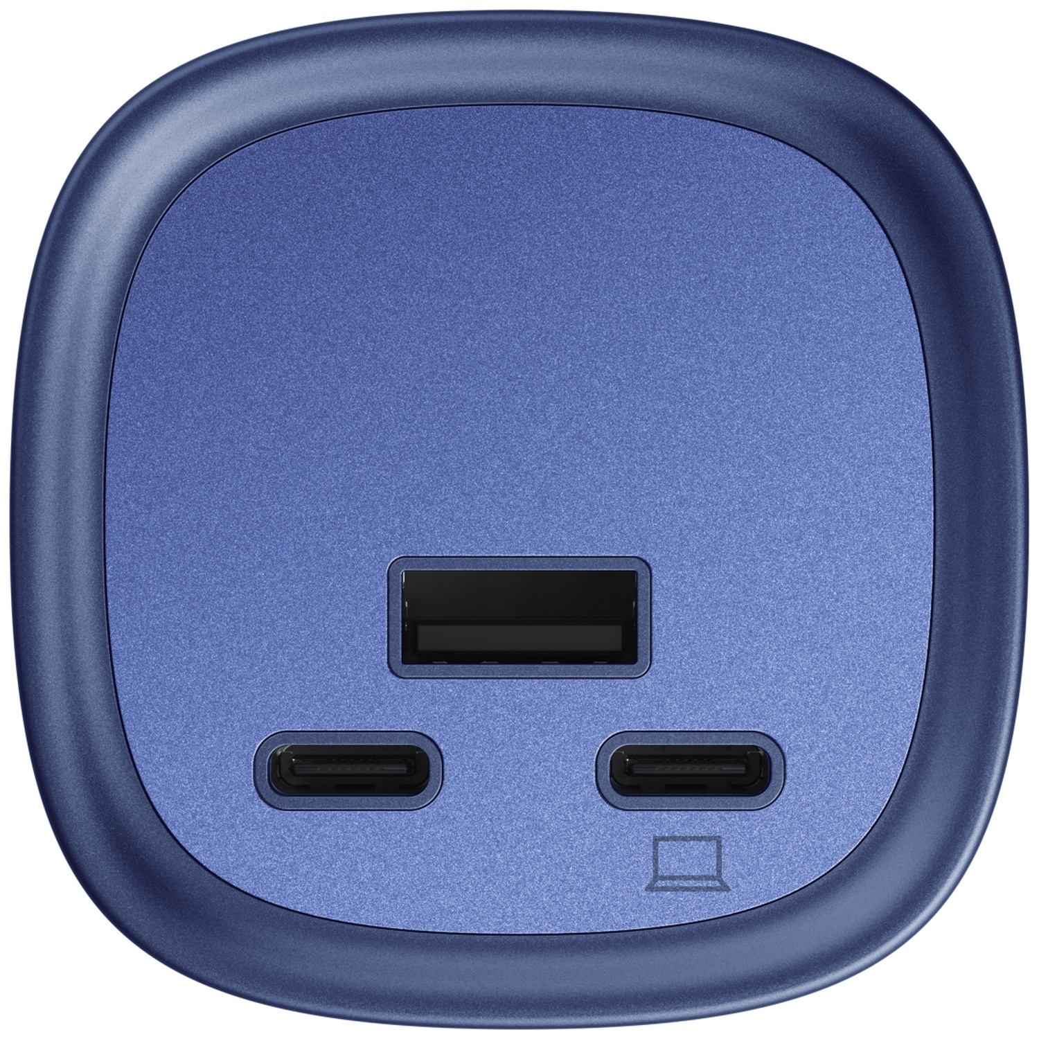 A blue USB charger featuring one USB-A and two USB-C ports.