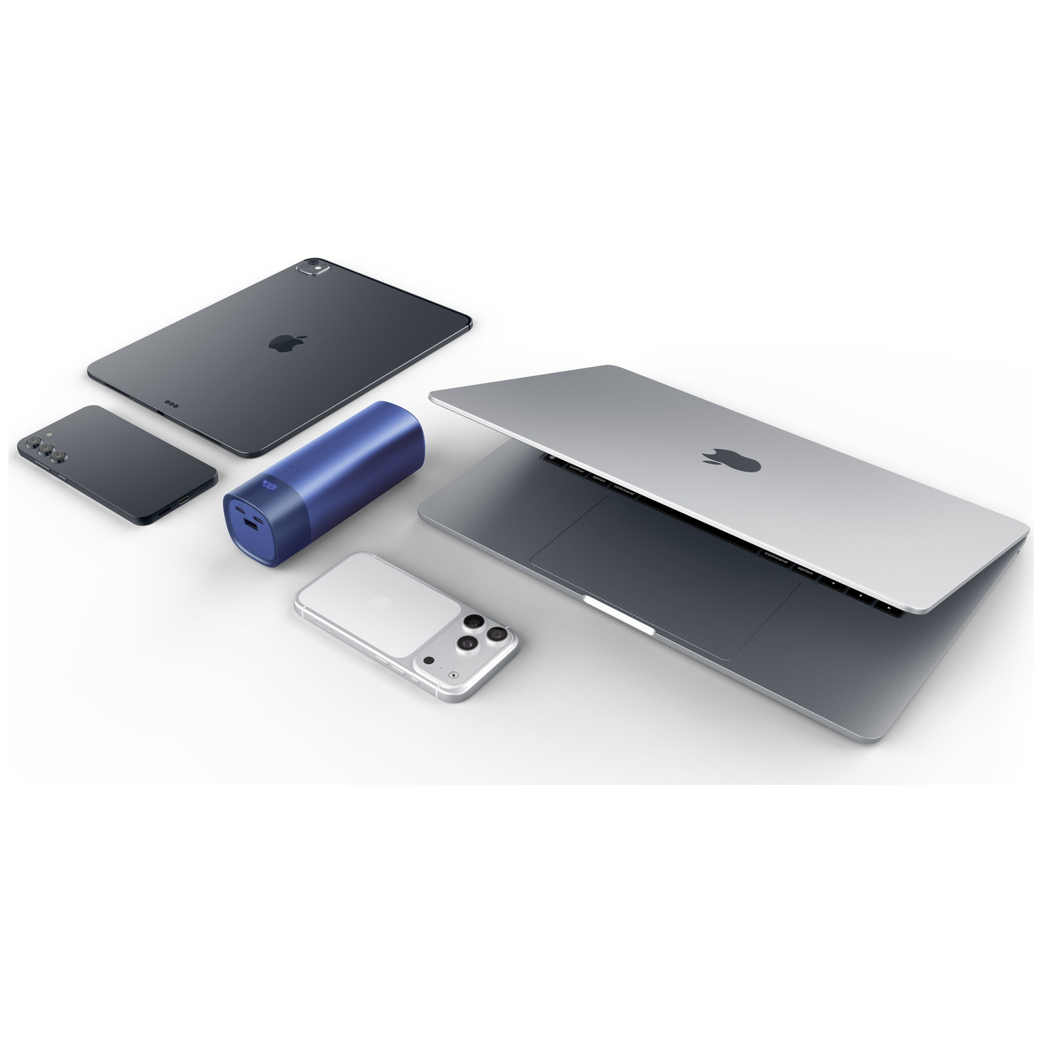A silver laptop, two dark smartphones, a grey tablet, and a blue power bank arranged on a white surface.