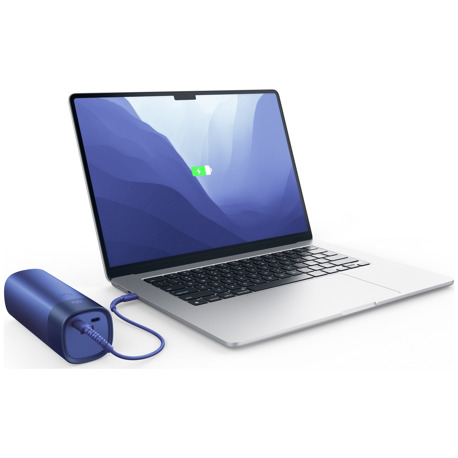 A silver laptop connected to a blue power bank with a cable on a white surface.